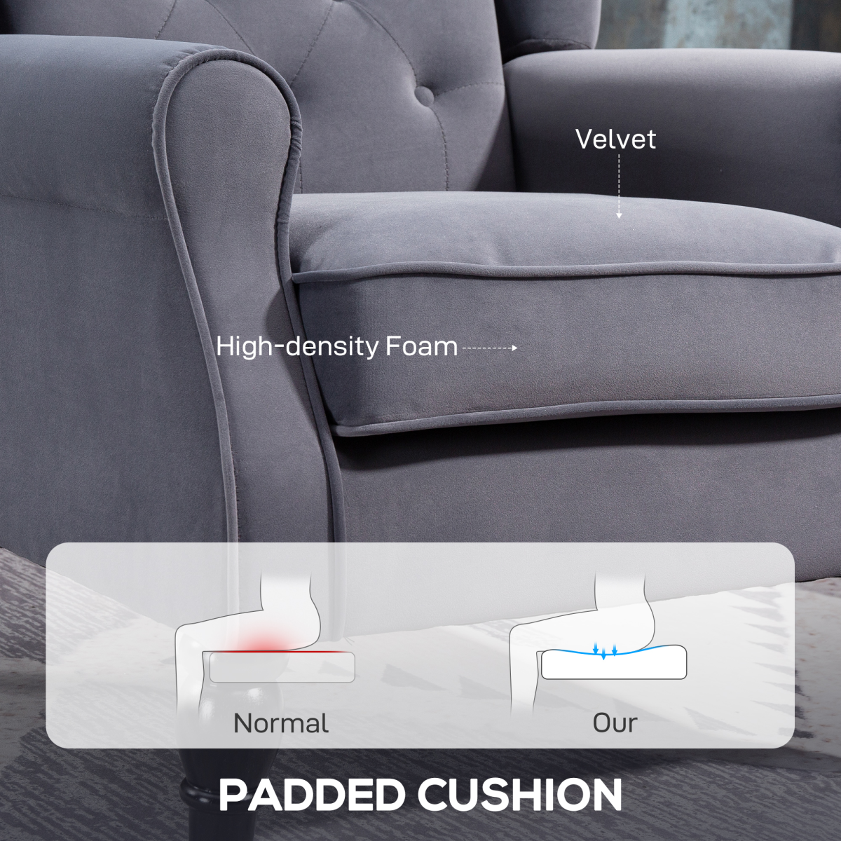 HOMCOM Accent Armchair Home Furniture Retro Tufted Club Fabric Charcoal Grey
