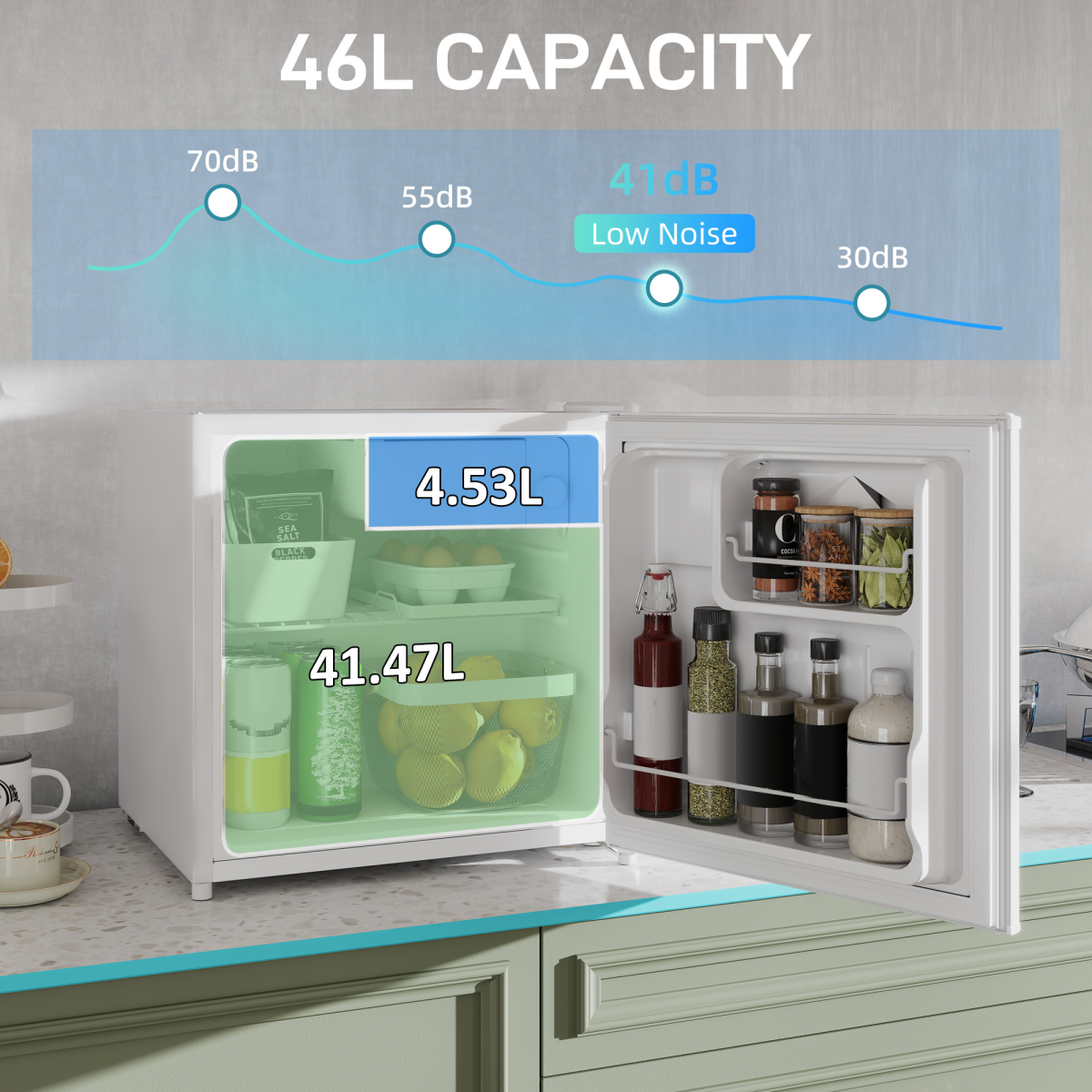 HOMCOM 46L Counter Top Fridge with Chiller Box Mini Fridge for Bedrooms Cream