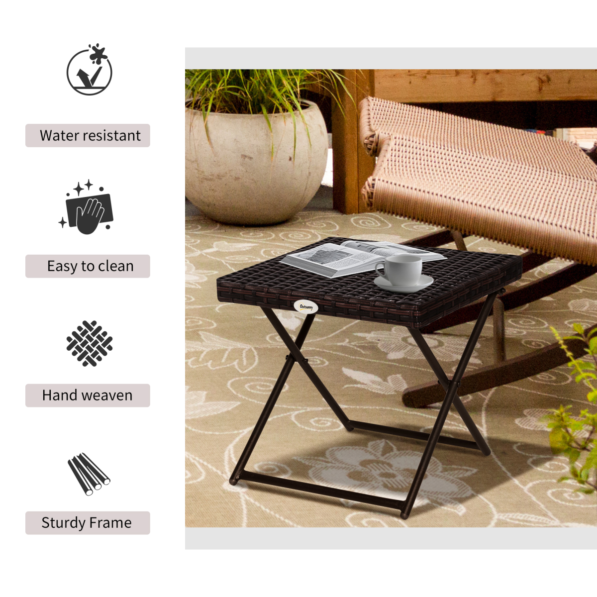 Folding Square Rattan Coffee Table Bistro Balcony Garden Steel Outdoor