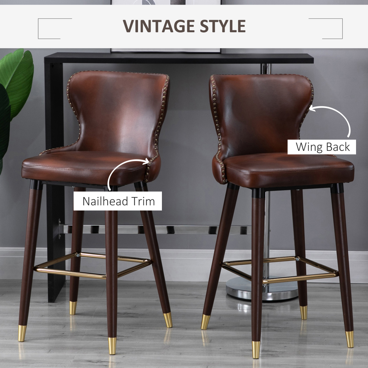 2 Pieces Home Luxury Bar Chair Stool, PU Leather European Style, Brown