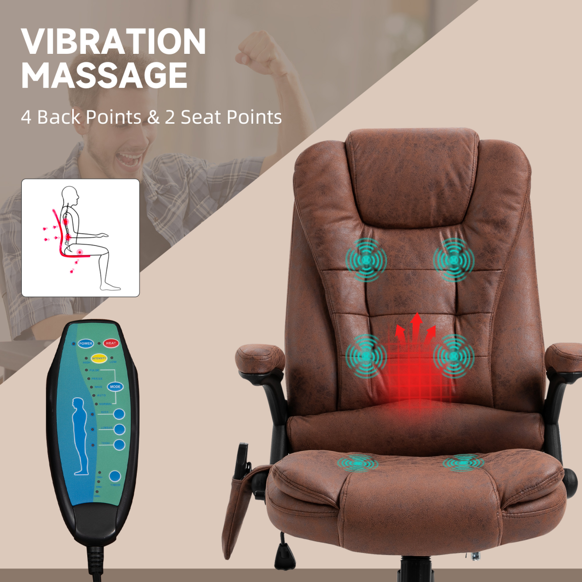 Executive Reclining Chair w/ Heating Massage Points Relaxing Headrest Brown