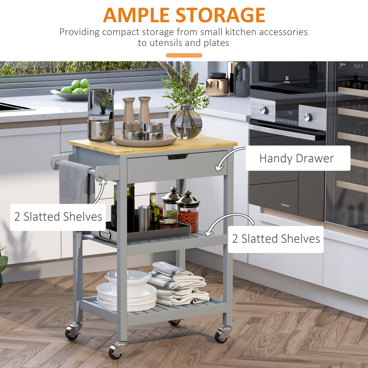 Kitchen Trolley Utility Cart on Wheels with Rubberwood Worktop Towel Rack