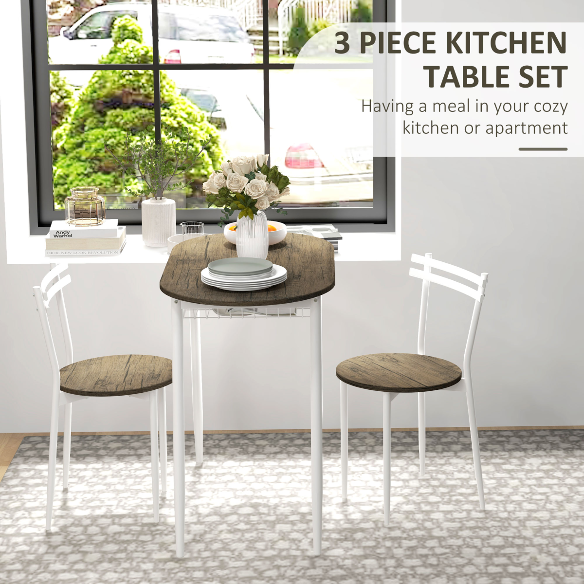 3pc Dining Table and Chairs Set, Oval Kitchen Table with 2 Chairs, Natural