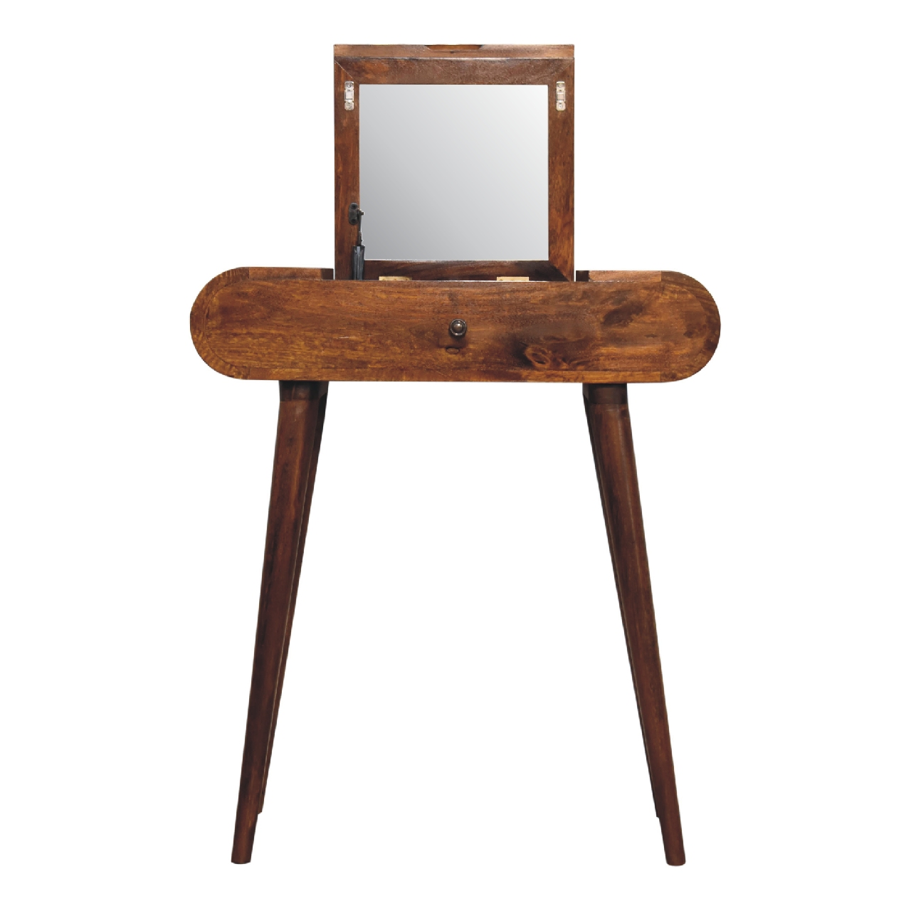 Artisan Furniture Solid Wood Mini Round Chestnut Fold Vanity, 4 Storage Compartments with Mirror, Dark Brown
