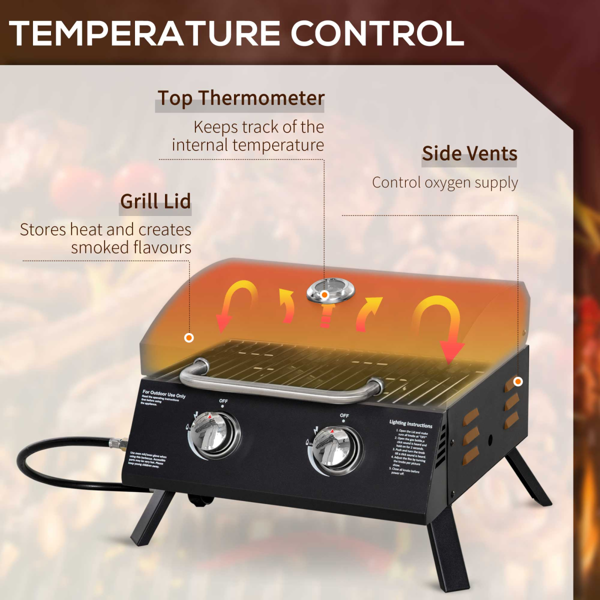2 Burner Gas BBQ Grill Portable Folding Tabletop Barbecue Lid Thermometer Black