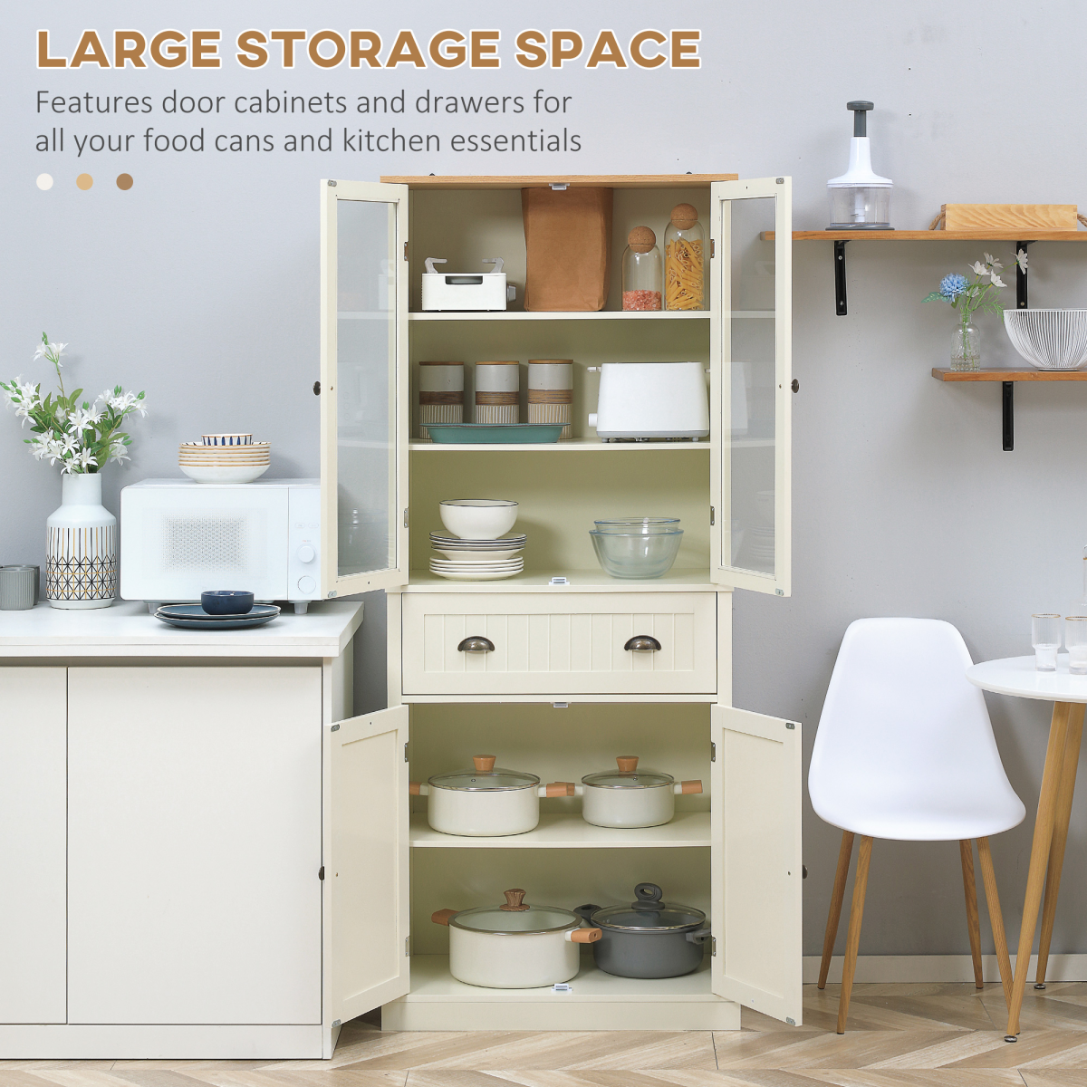 Kitchen Cupboard, 5-tier Storage Cabinet with Adjustable Shelves, Cream