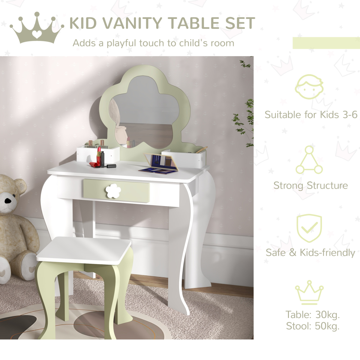 ZONEKIZ Kids Vanity Table Set, Beauty Flower Design, for Ages 3-6 Years - White