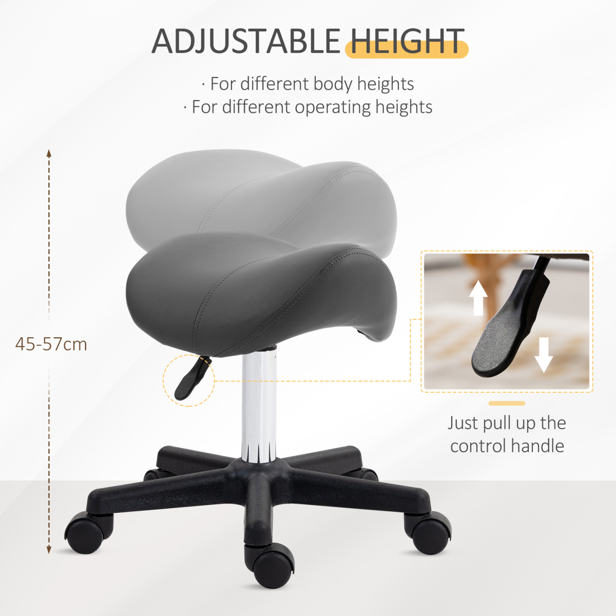 HOMCOM Saddle Stool Adjustable Rolling Salon Chair for Massage Spa Beauty Grey