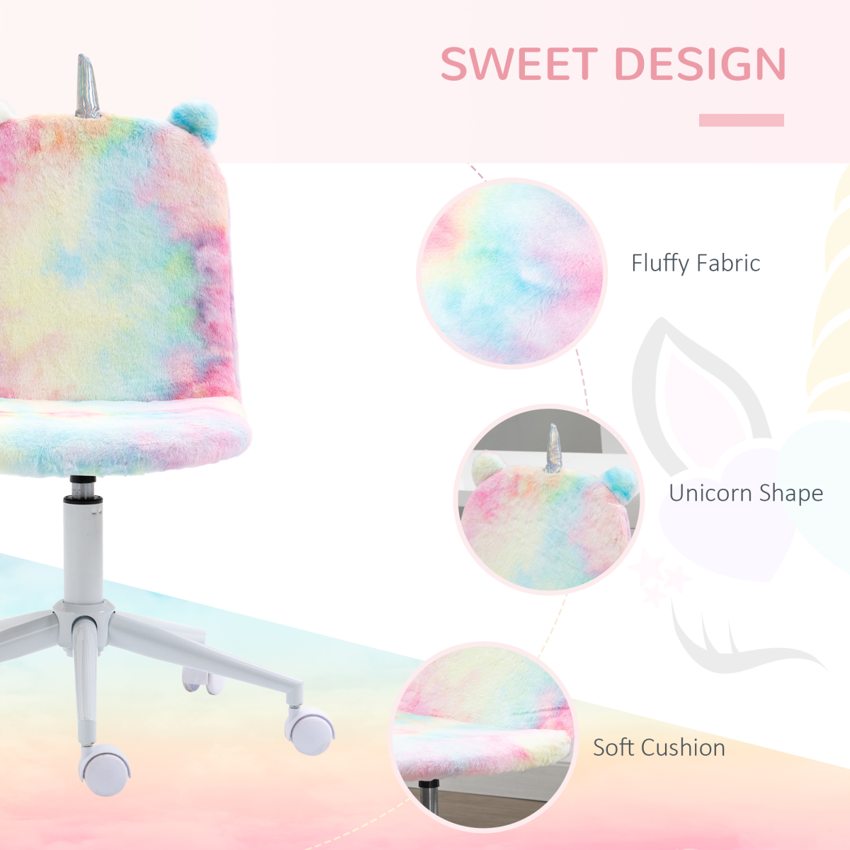 Vinsetto Fluffy Unicorn Office Chair w/ Swivel Wheel, Cute Desk Chair, Rainbow
