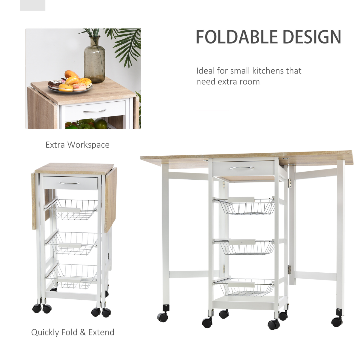 MDF Extendable Kitchen Island Trolley White
