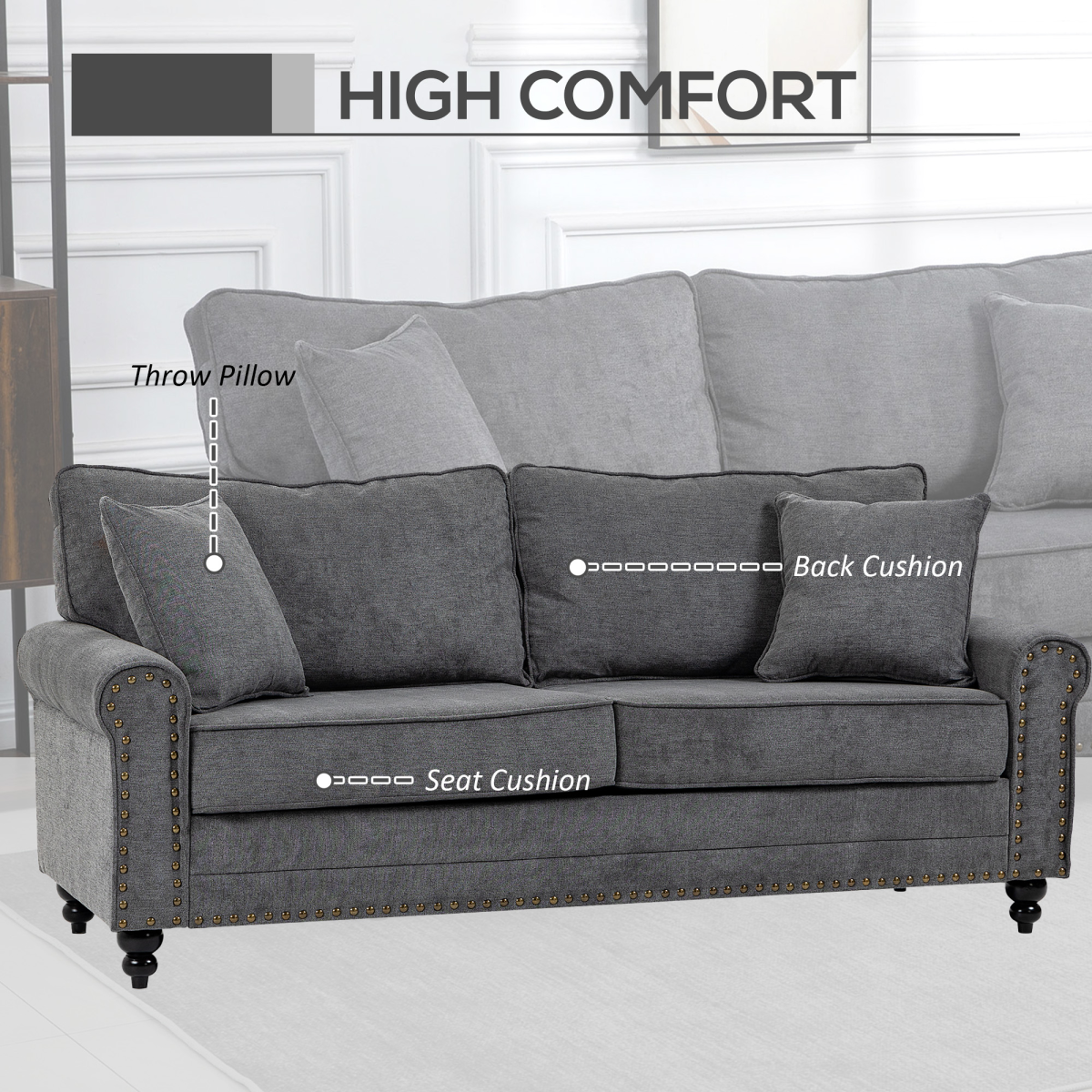 2 Seater Sofas Fabric Sofa with Nailhead Trim Cushions and Throw Pillows Grey