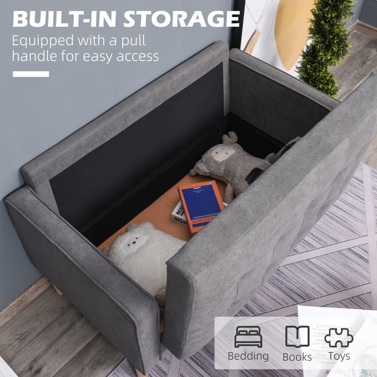 HOMCOM Compact Loveseat Sofa 2 Seater Sofa with Storage and Wood Legs Grey
