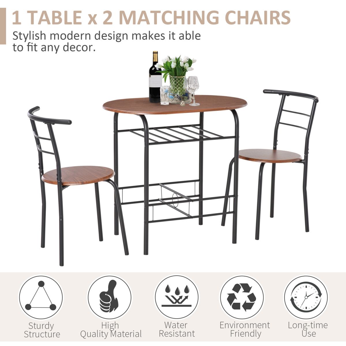 MDF 2-Seater Bar Stool and Table Set w/ Bottle Storage Shelf Wood Tone