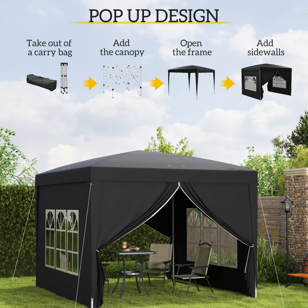 3mx3m Pop Up Gazebo Party Tent Canopy Marquee with Storage Bag Black