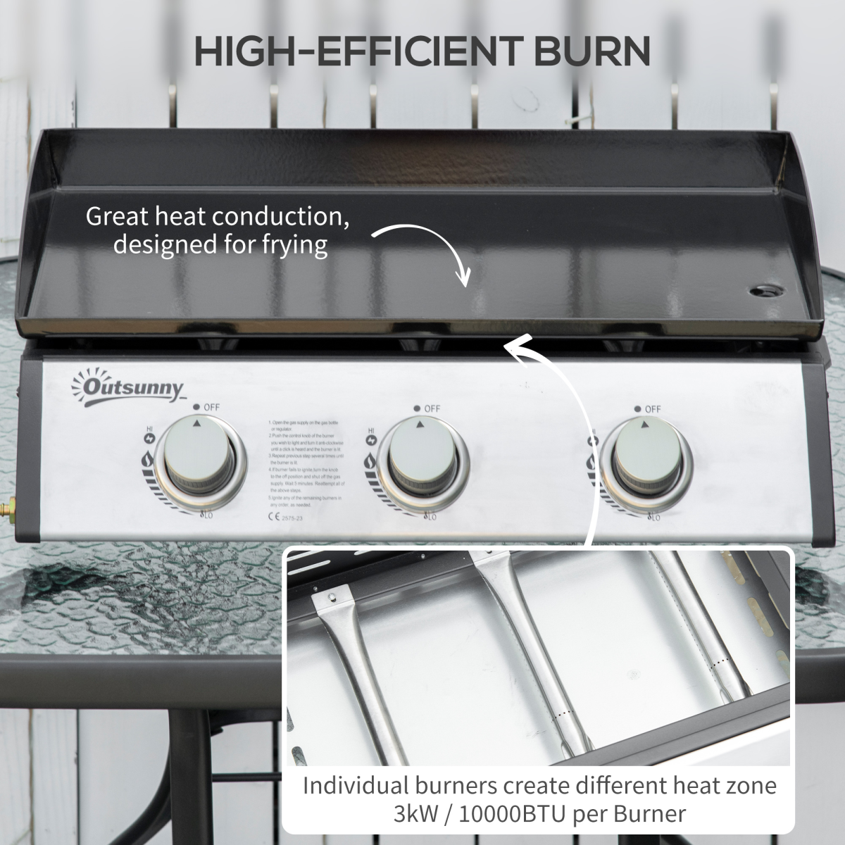 Outsunny Portable Gas Plancha BBQ Grill with 3 Stainless Steel Burner, 9kW