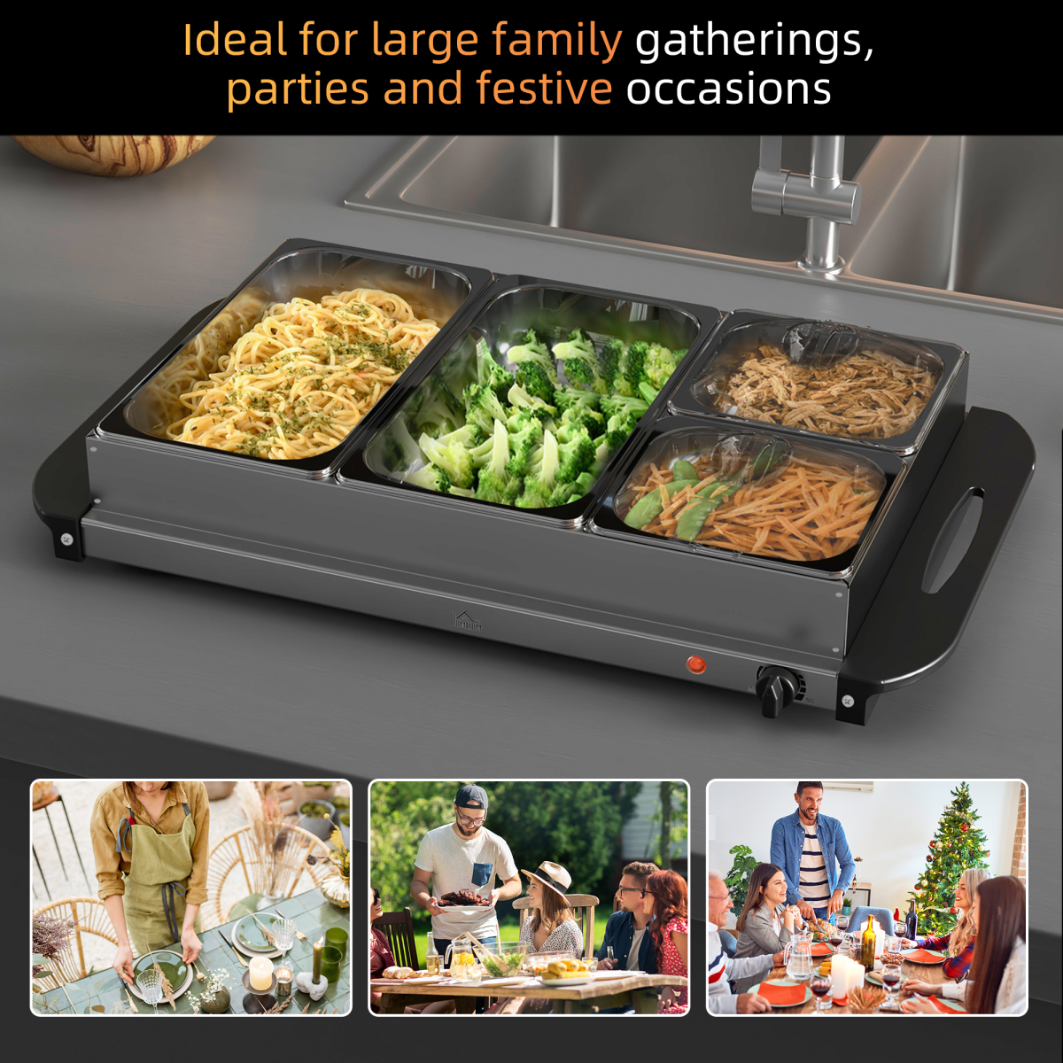HOMCOM 4 Tray Electric Food Warmer Buffet Server with Adjustable Temp 300W