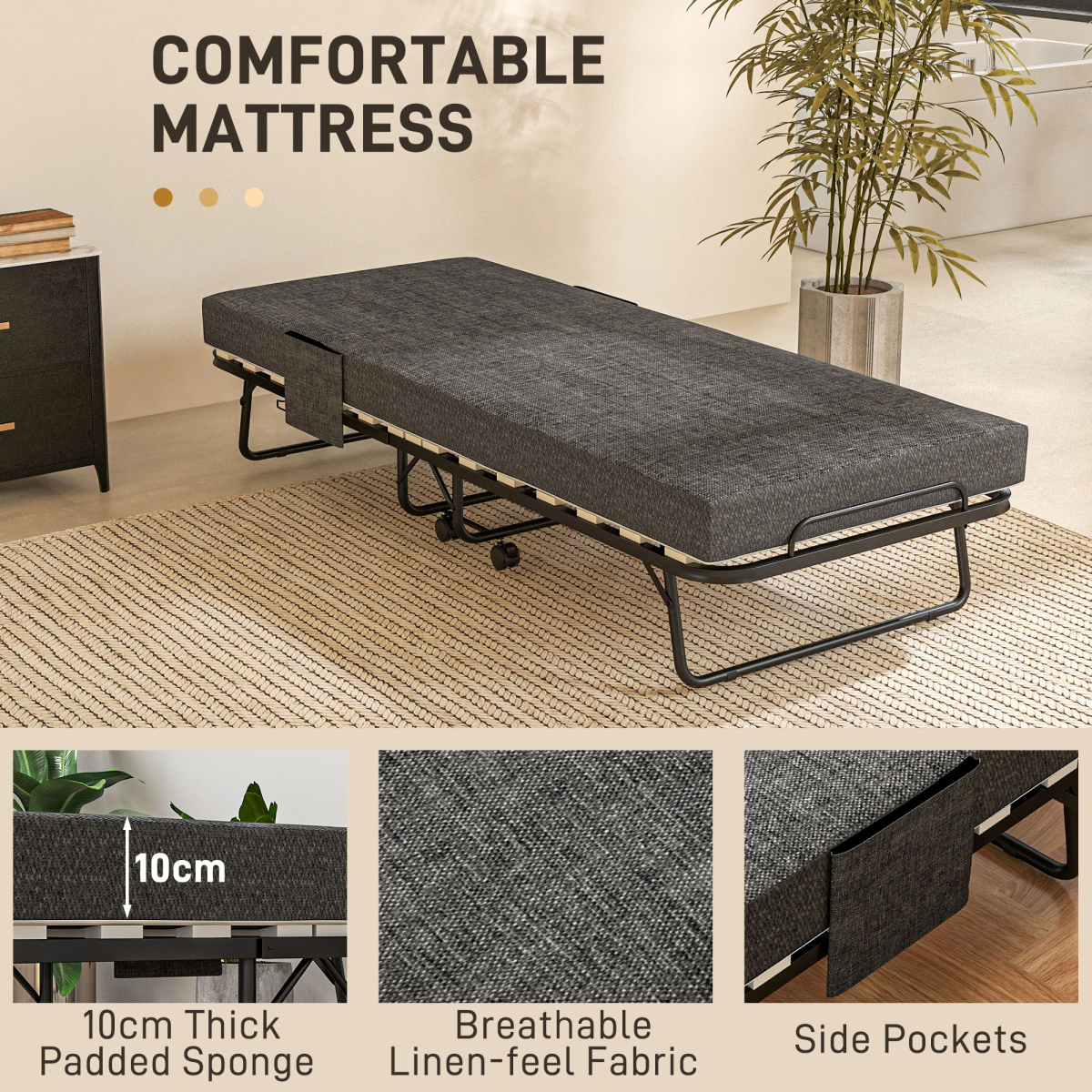 HOMCOM Folding Bed with Mattress Foldable Guest Bed on Wheels w/ Cover Dark Grey