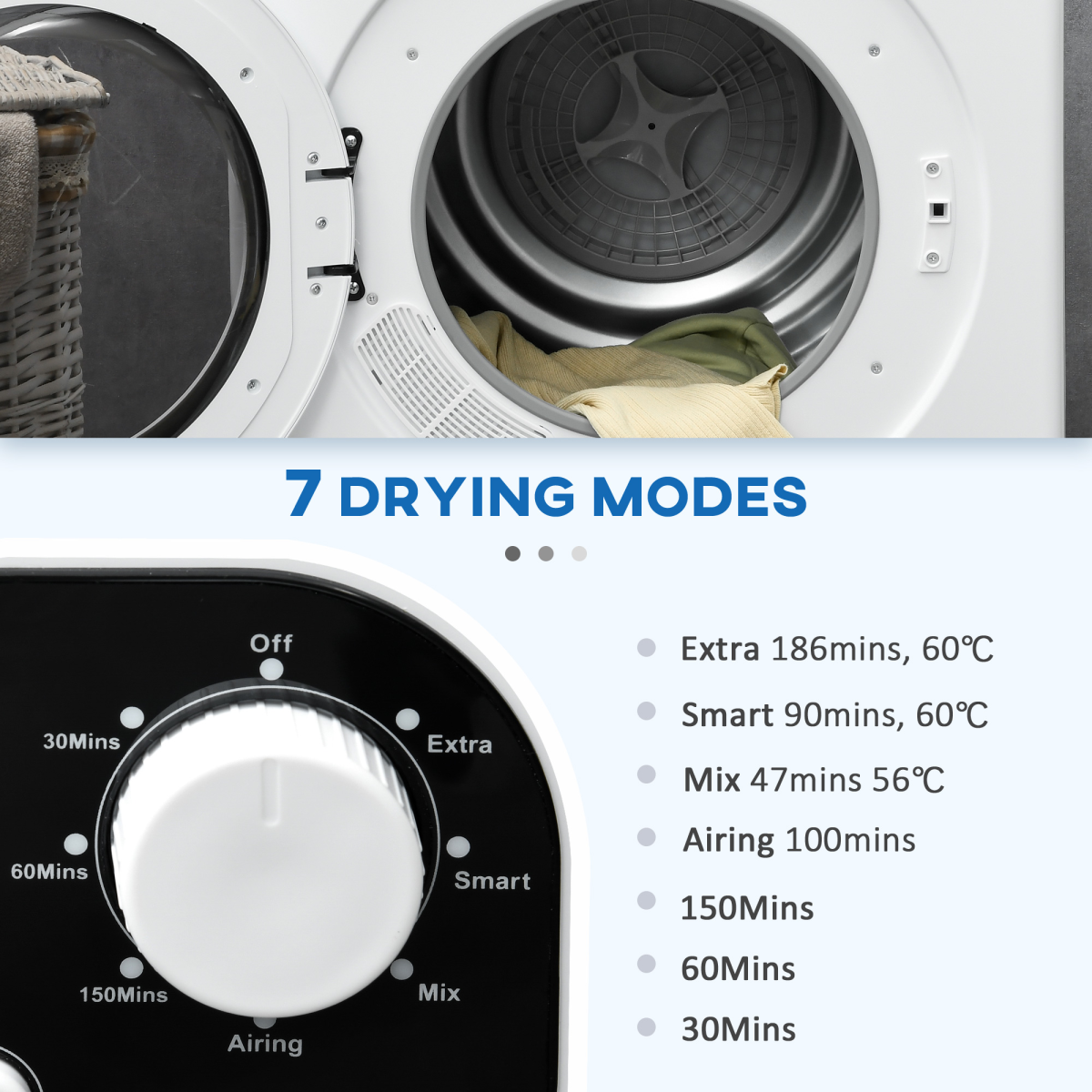 HOMCOM 6kg Vented Tumble Dryer with 7 Dry Programmers for Small Spaces White