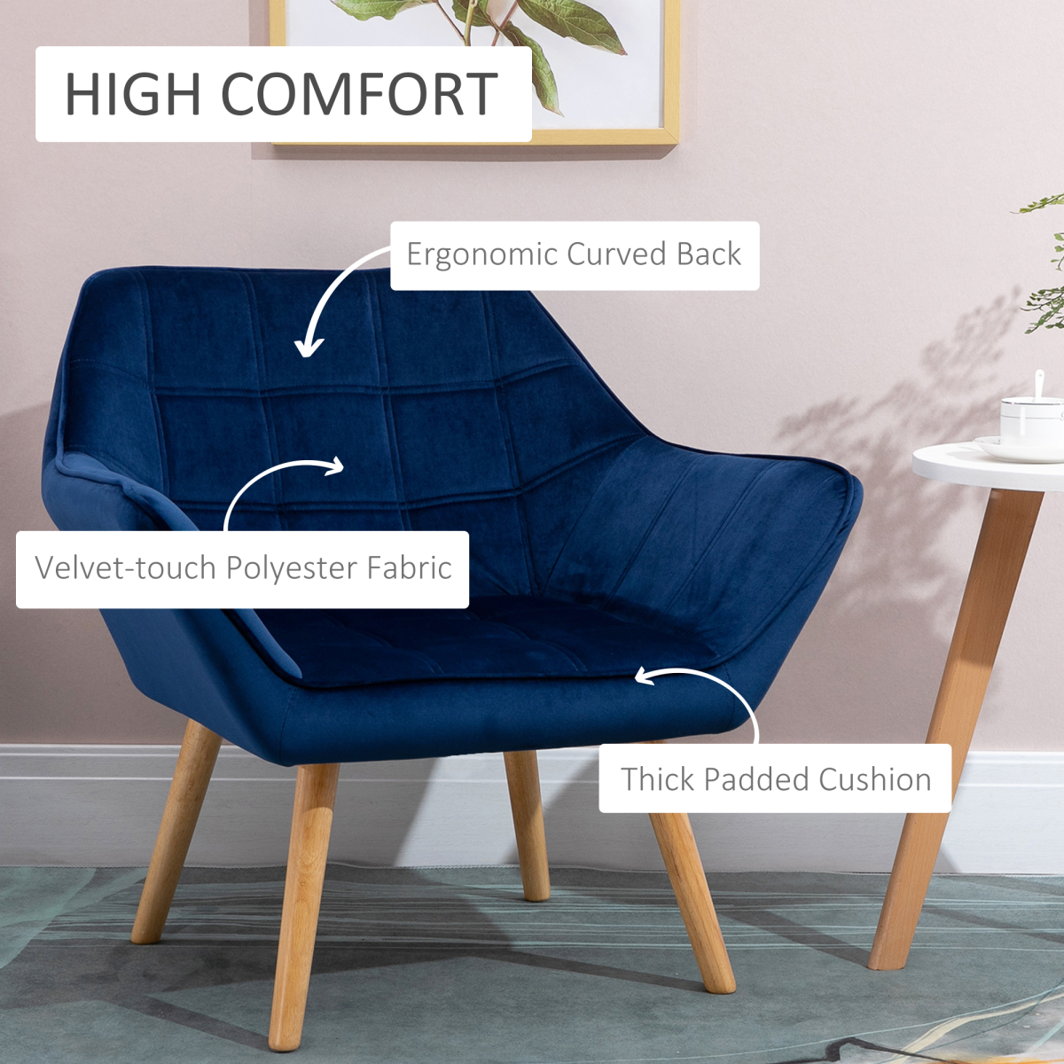 Luxe Velvet-Feel Accent Chair w/ Wide Arms Slanted Back Padding Wood Legs Blue