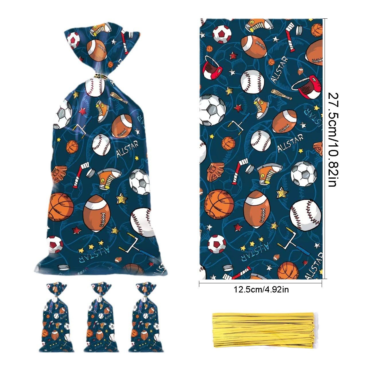 50pcs Sports Series Gift Bags with Twist Ties for Birthdays & Events
