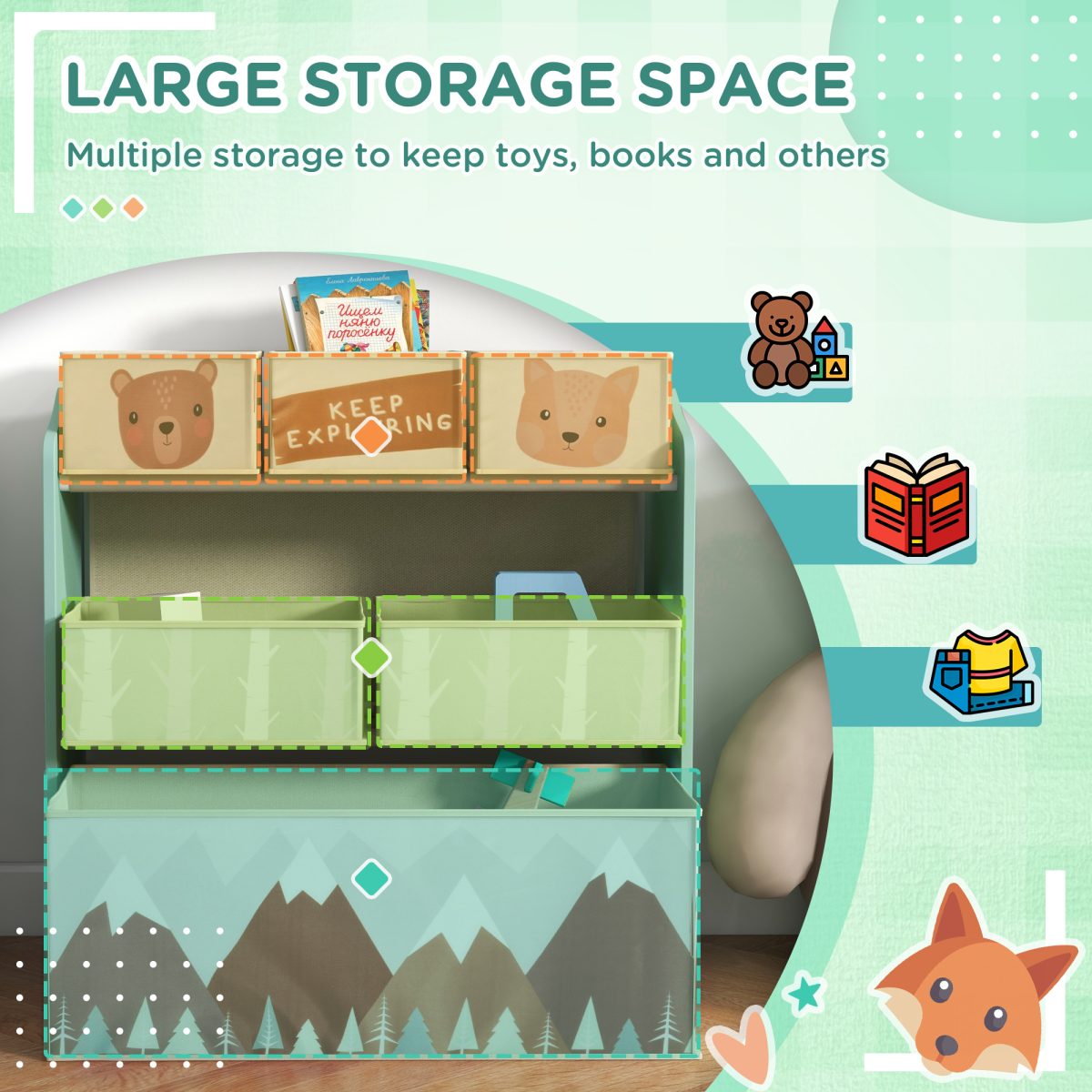 ZONEKIZ Kids Storage Units with 6 Boxes, Childrens Toy Storage Organiser, Green