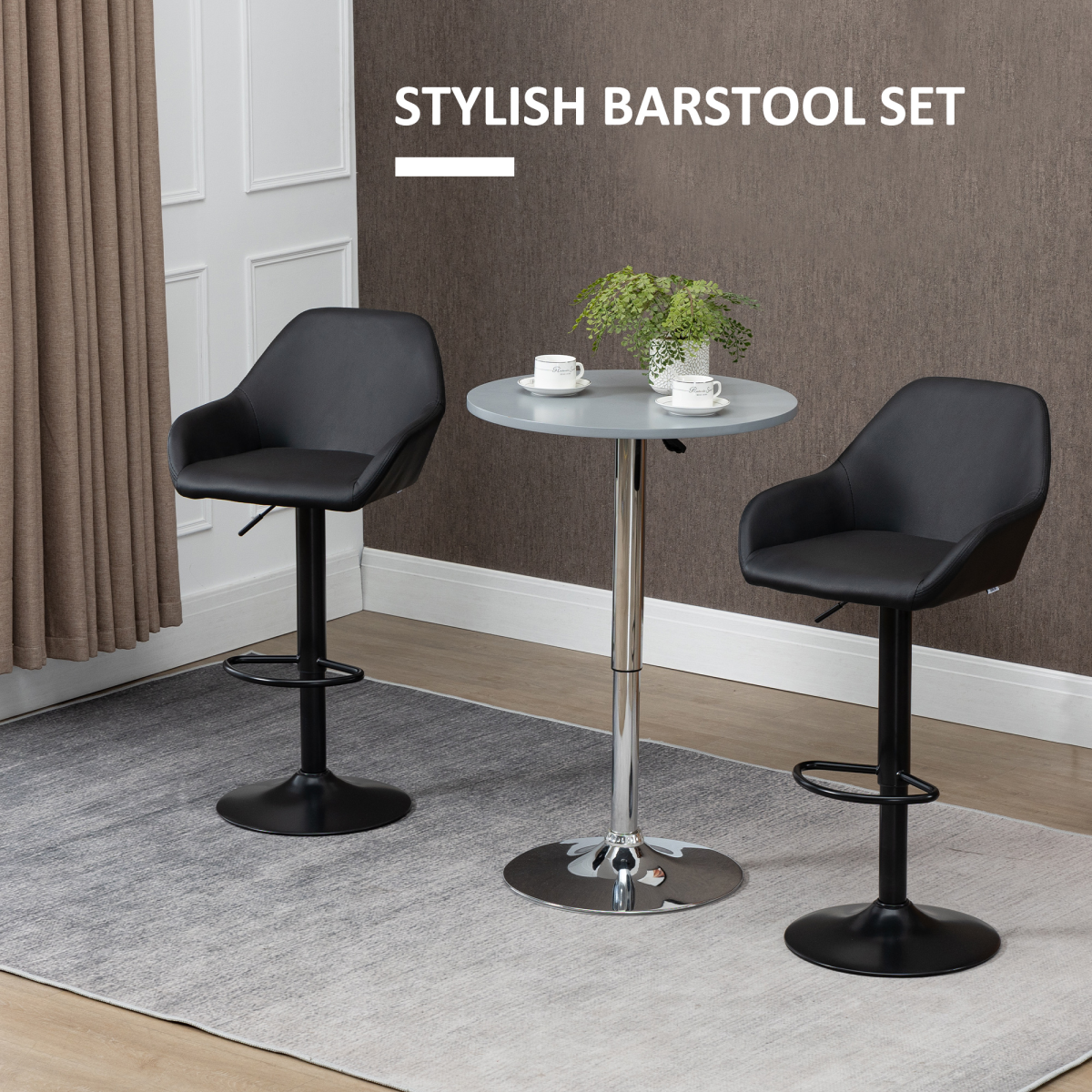 Set of 2, Swivel Barstools with Footrest and Backrest, PU Leather Black
