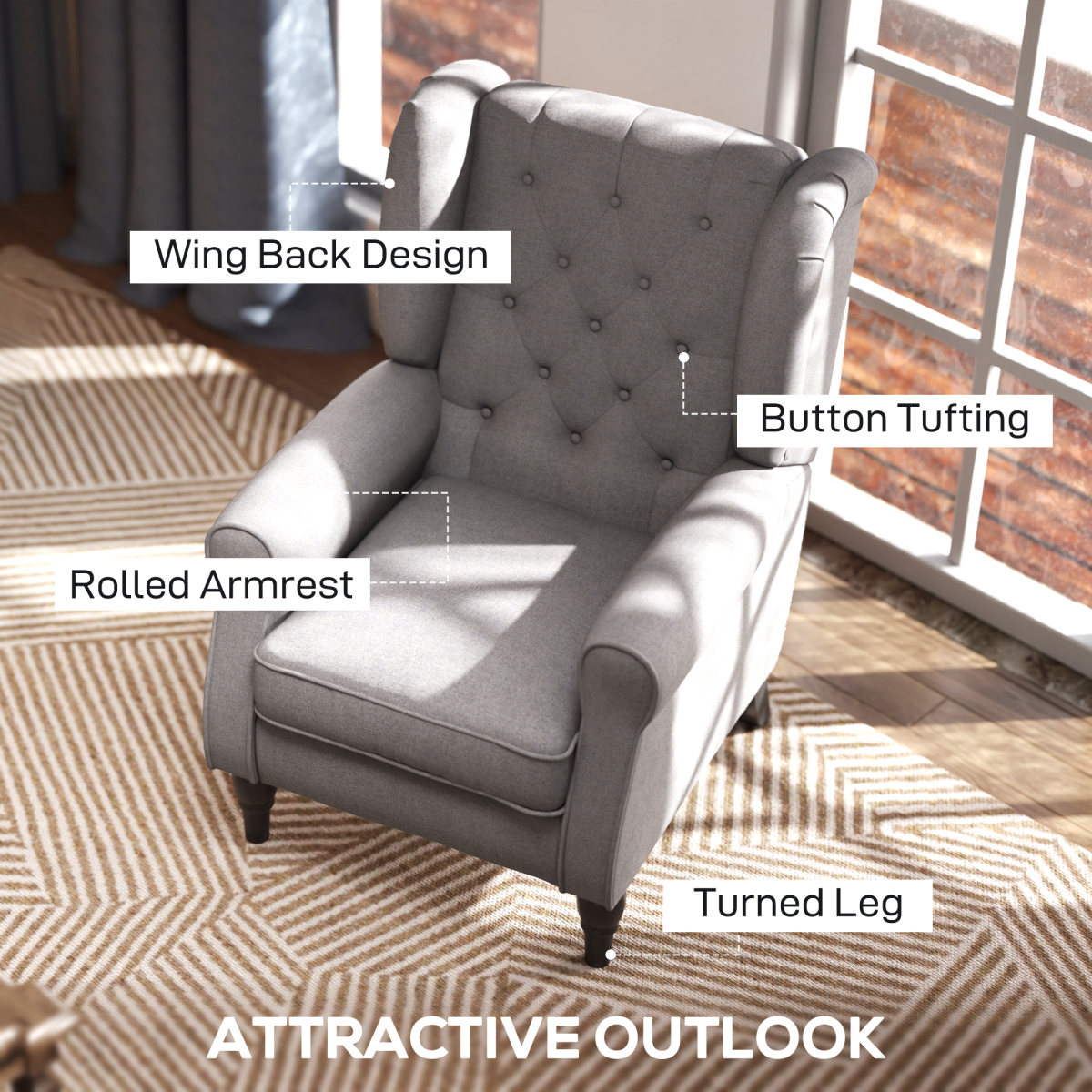 Retro Accent Chair Wingback Armchair with Wood Frame for Living Room Grey