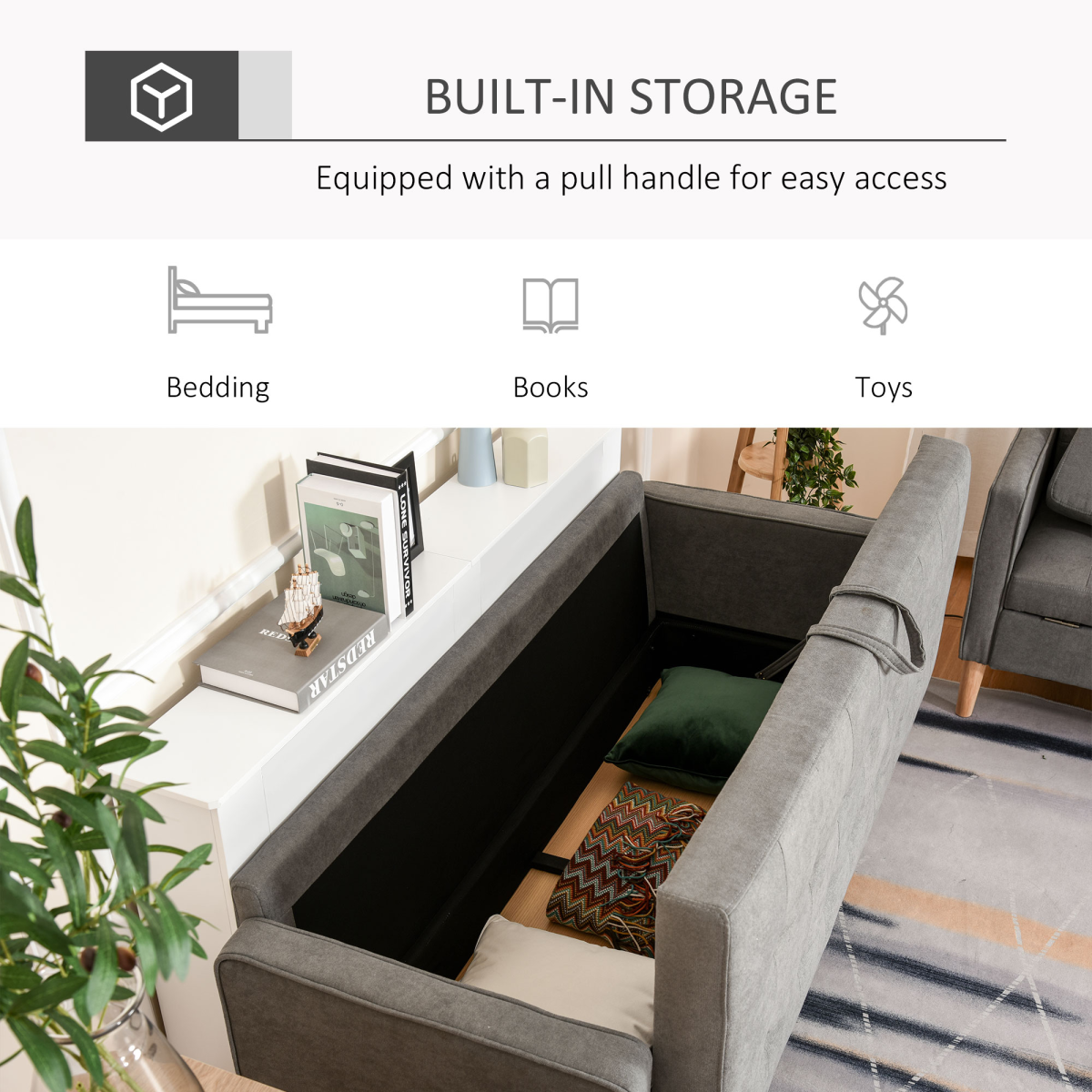 3-Seater Sofa Button-Tufted Fabric Couch with Hidden Storage, Rubberwood Legs