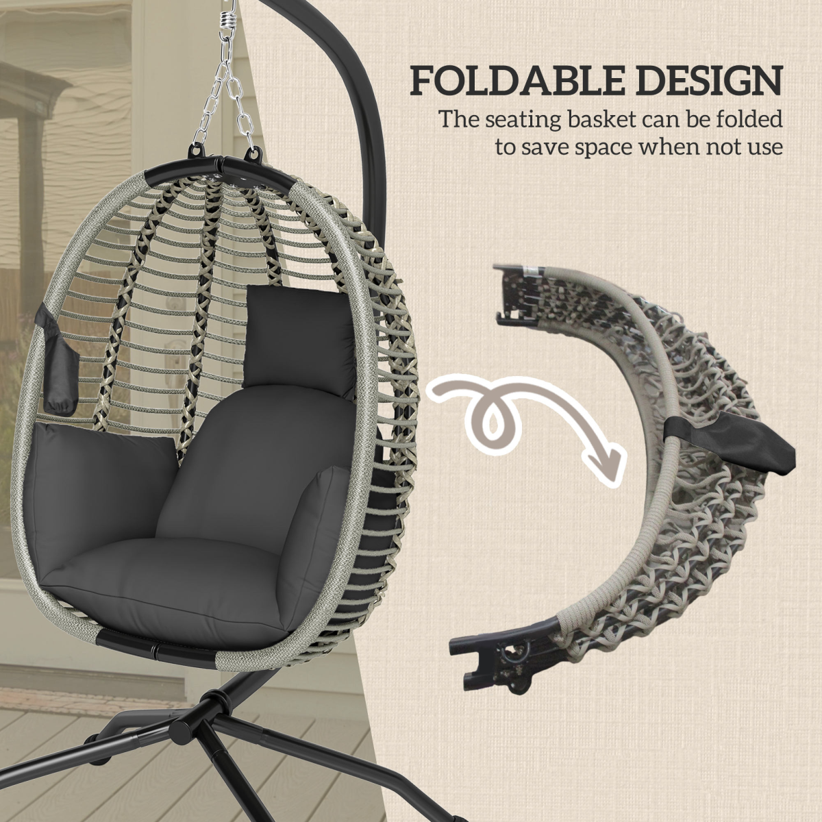 Comfortable Dark Grey Folding Basket Chair with Cup Holders for Relaxation