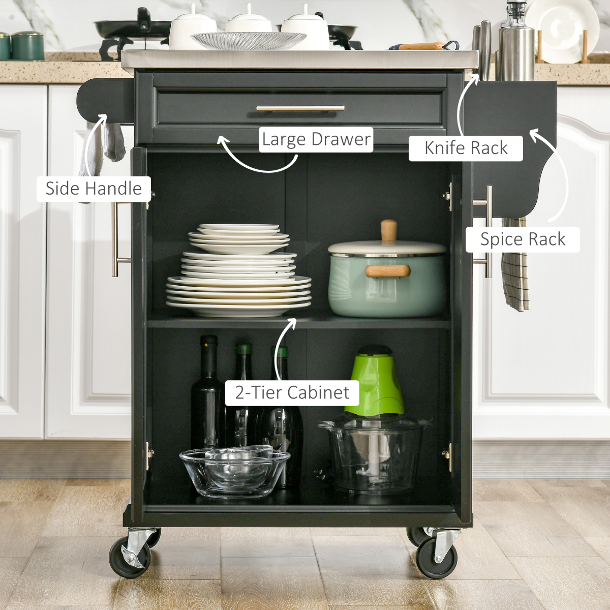 Rolling Kitchen Cart Storage Trolley with Drawer Towel Rail Steel Black HOMCOM