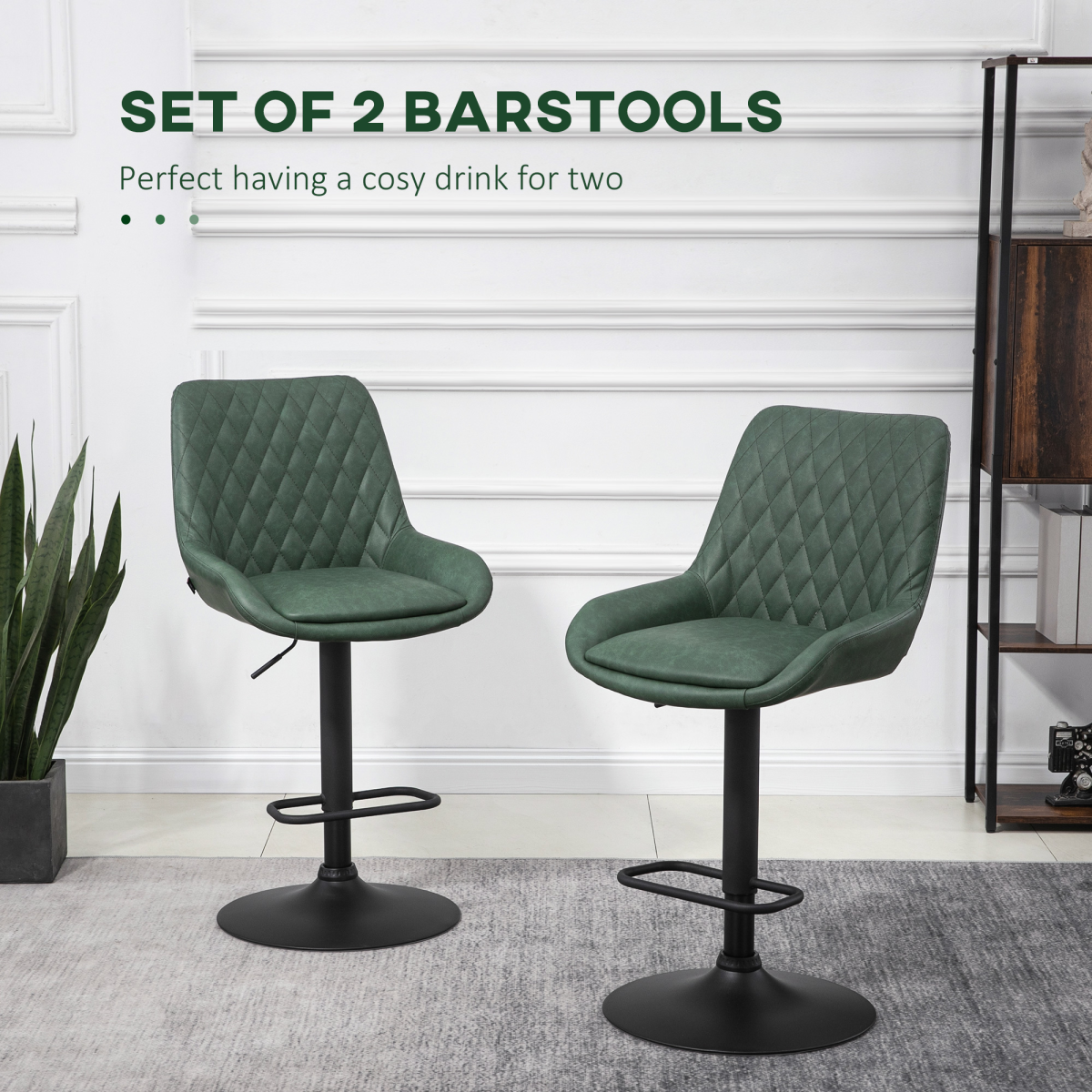 HOMCOM Bar Stools Set of 2, Adjustable Bar Chairs 360° Swivel for Kitchen Green