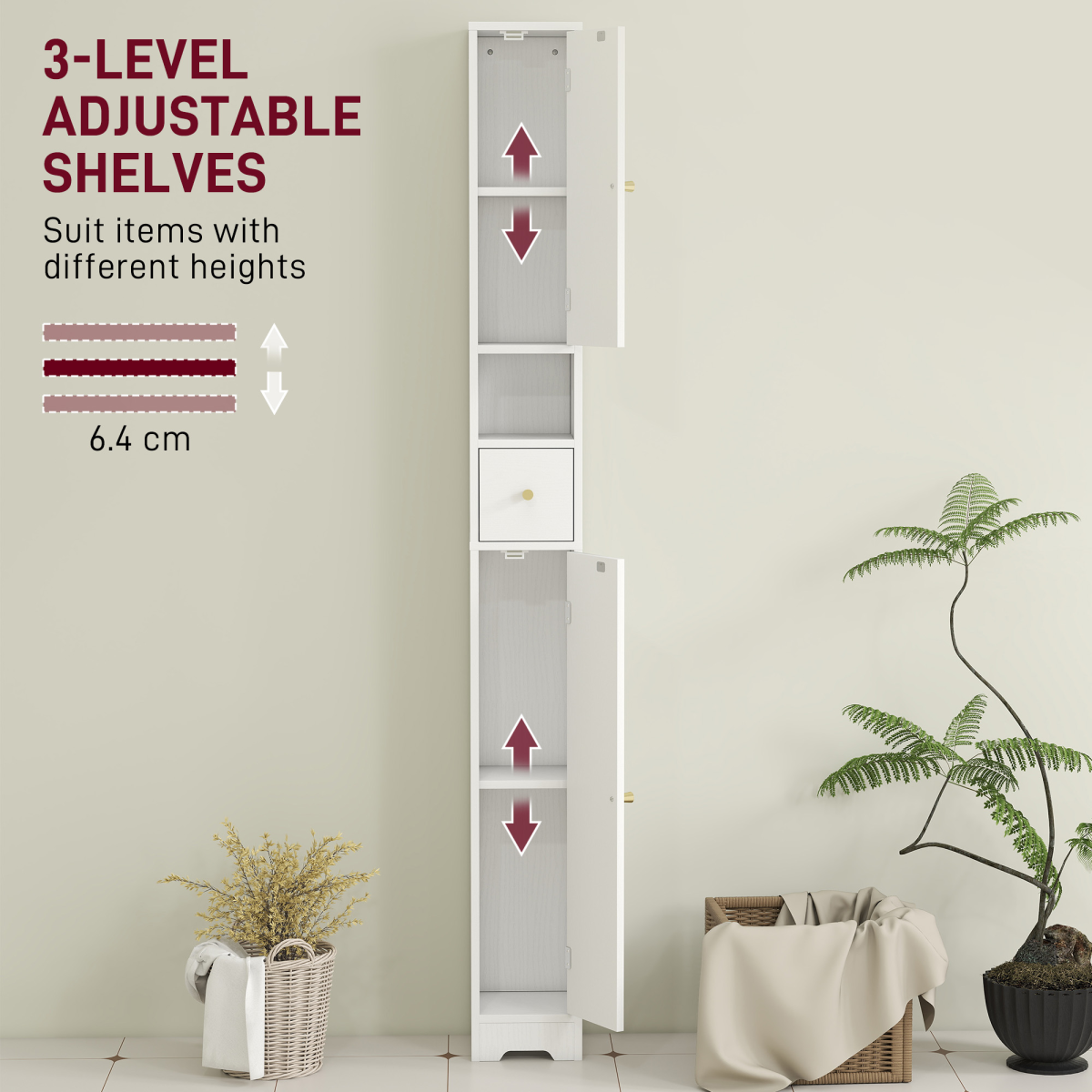 HOMCOM 20cm Slim Bathroom Storage Cabinet with Adjustable Shelves White