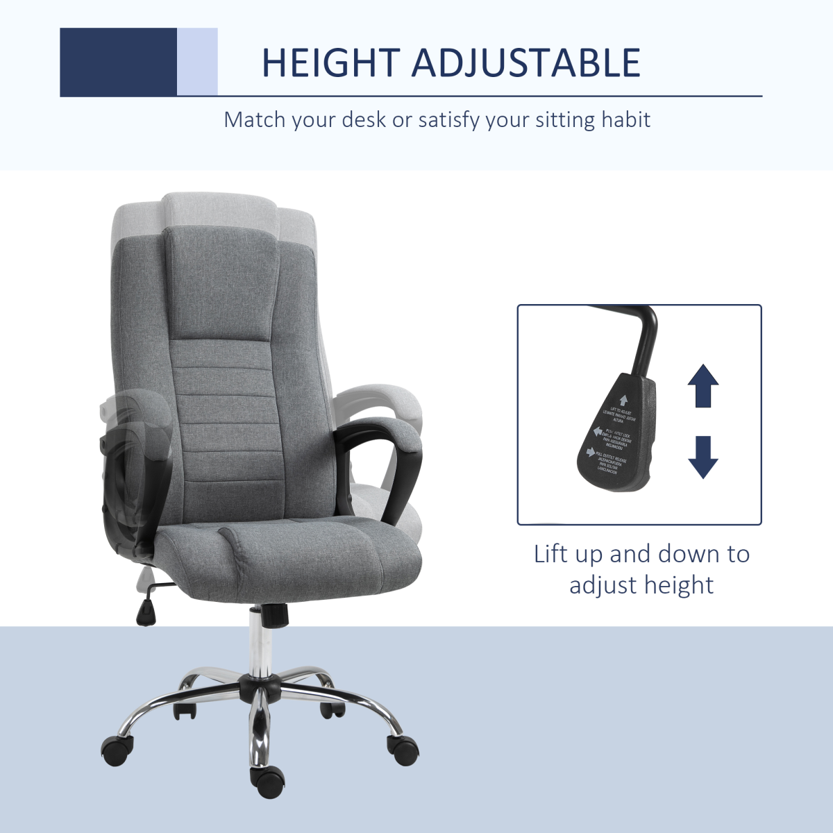 Linen Office Chair 360??Swivel High Back Wide Adjustable Seat Grey Vinsetto