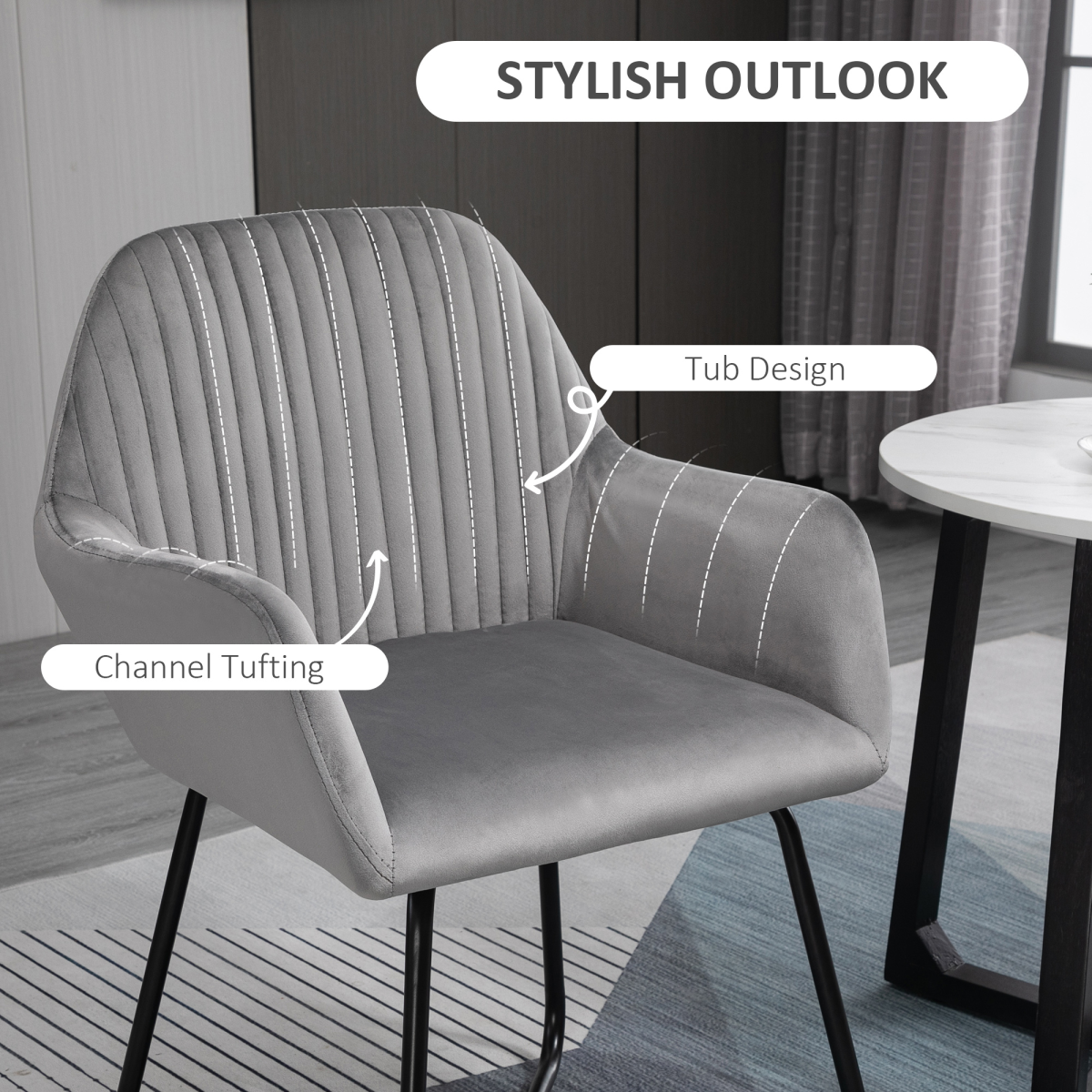 Modern Accent Chair Velvet-Feel Upholstered Lounge Armchair Metal Base Grey