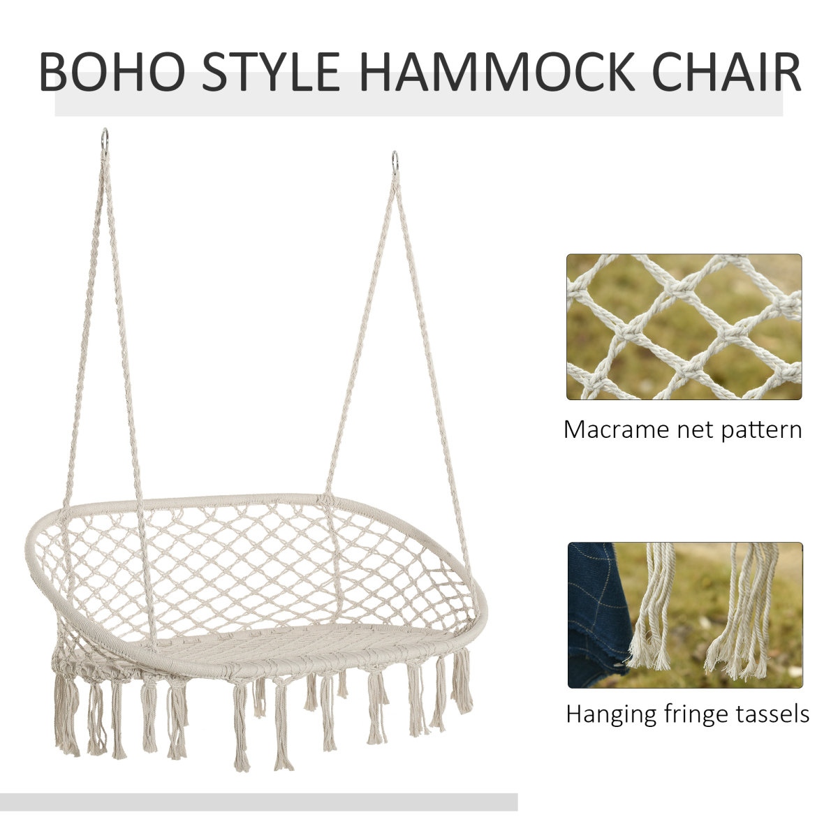 Hanging Hammock Chair Cotton Rope Swing & Metal Frame Large Macrame, Cream White