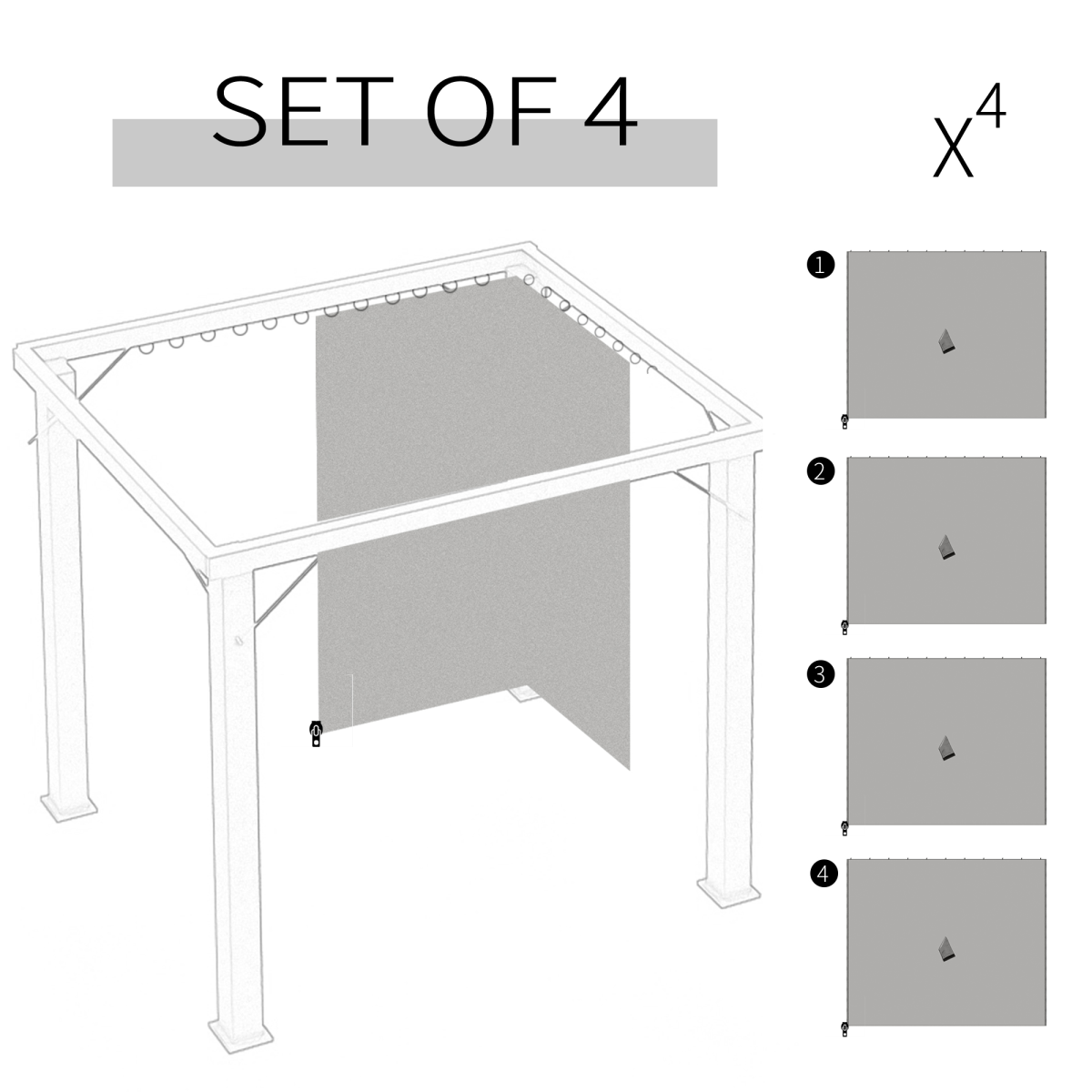 3 x 3m Gazebo Replacement Sidewall Set with 4 Panels, Hooks/C-Rings  Light Grey