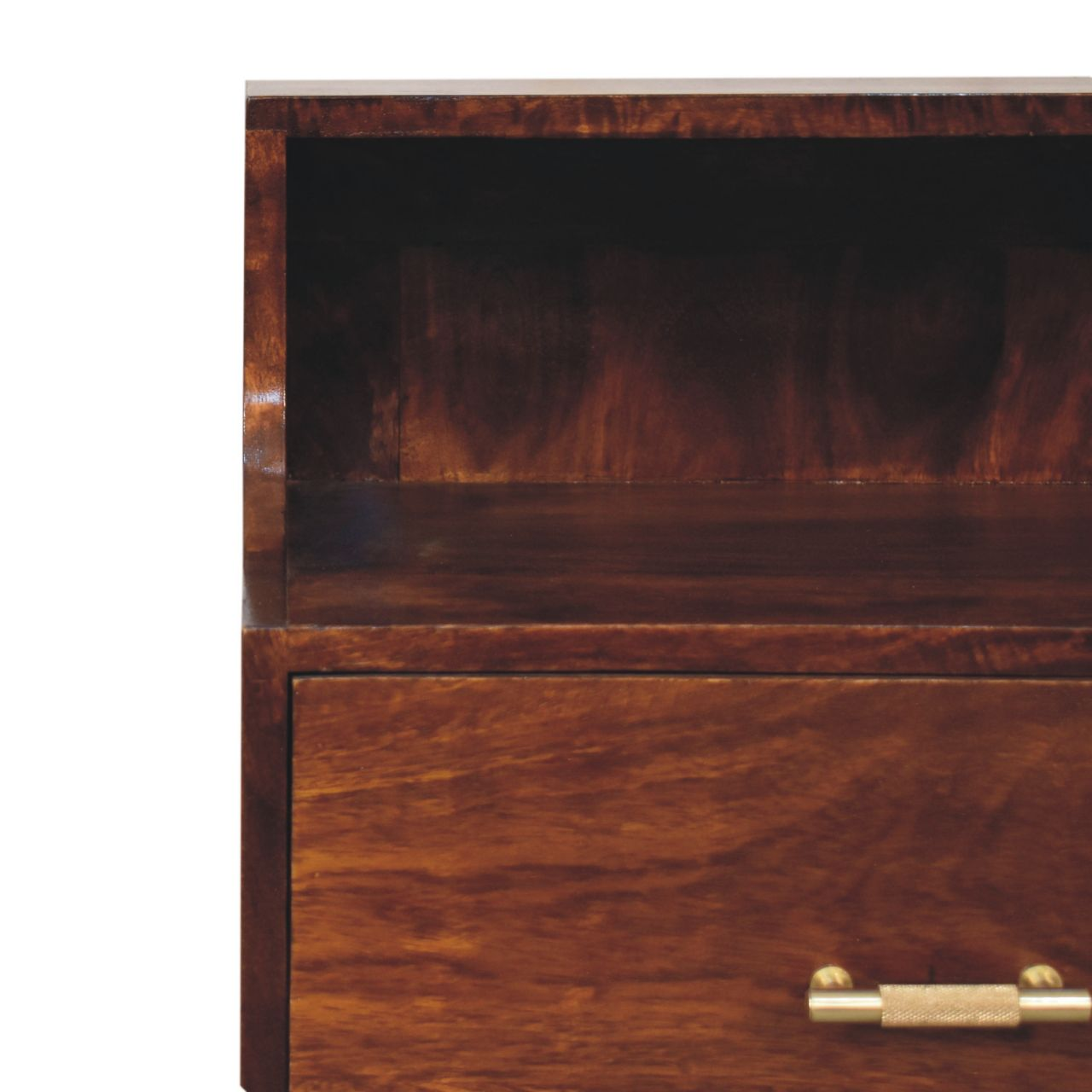 Artisan Furniture Solid Wood T-bar Raised Back Bedside, 1 Drawer, 1 Open Slot, Dark Brown