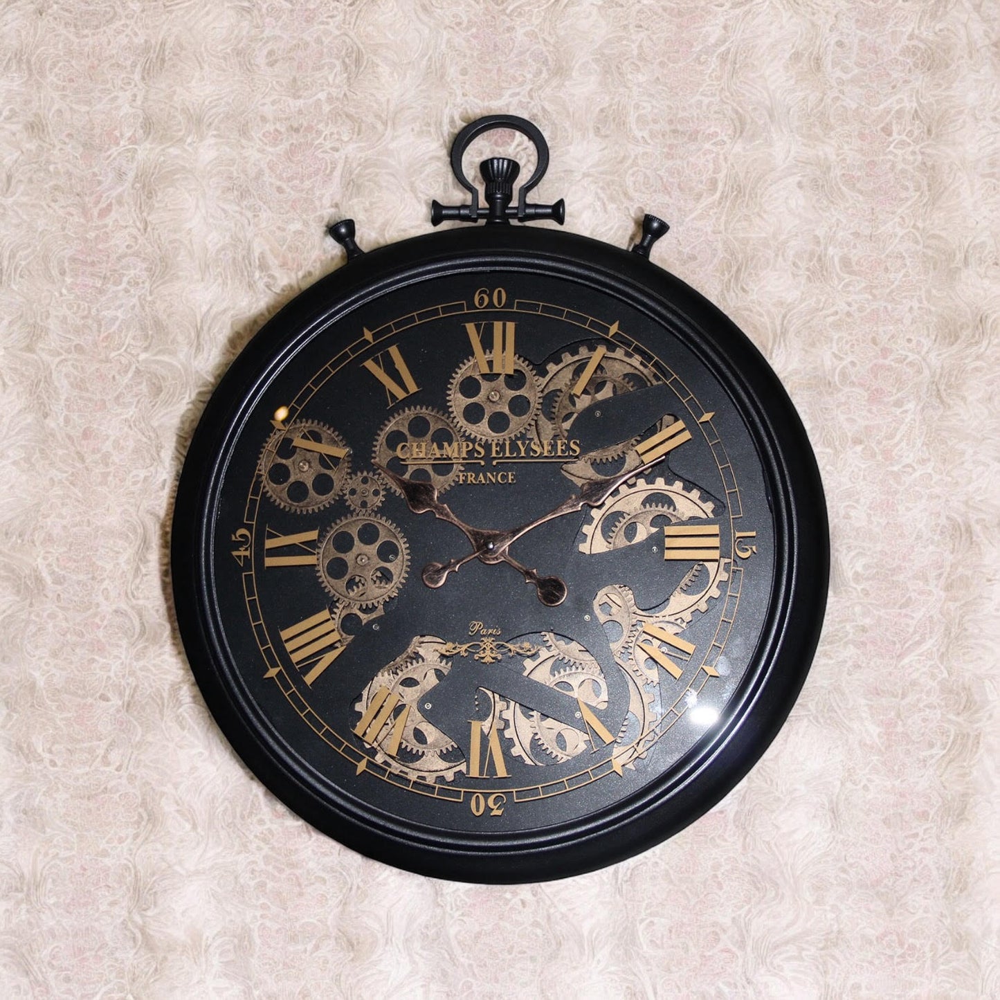 Beautiful and Durable 60cm Black & Gold Wall Clock – Roman Numerals with Moving Gears, Sleek Modern Design, Iron Frame, Decorative Centrepiece for Home, Living Room, and Office