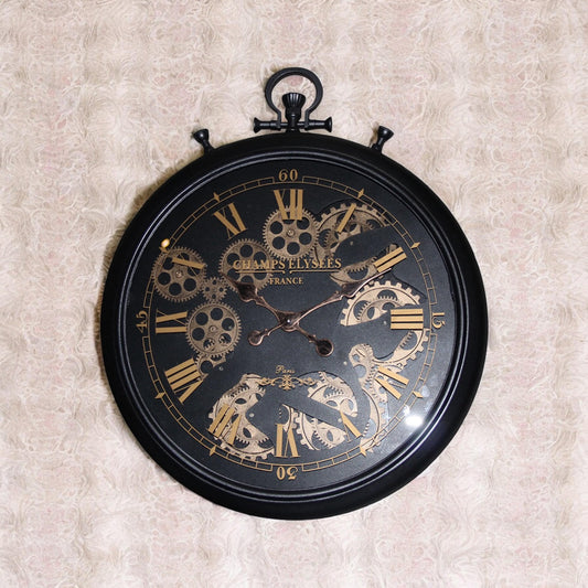 Beautiful and Durable 60cm Black & Gold Wall Clock – Roman Numerals with Moving Gears, Sleek Modern Design, Iron Frame, Decorative Centrepiece for Home, Living Room, and Office