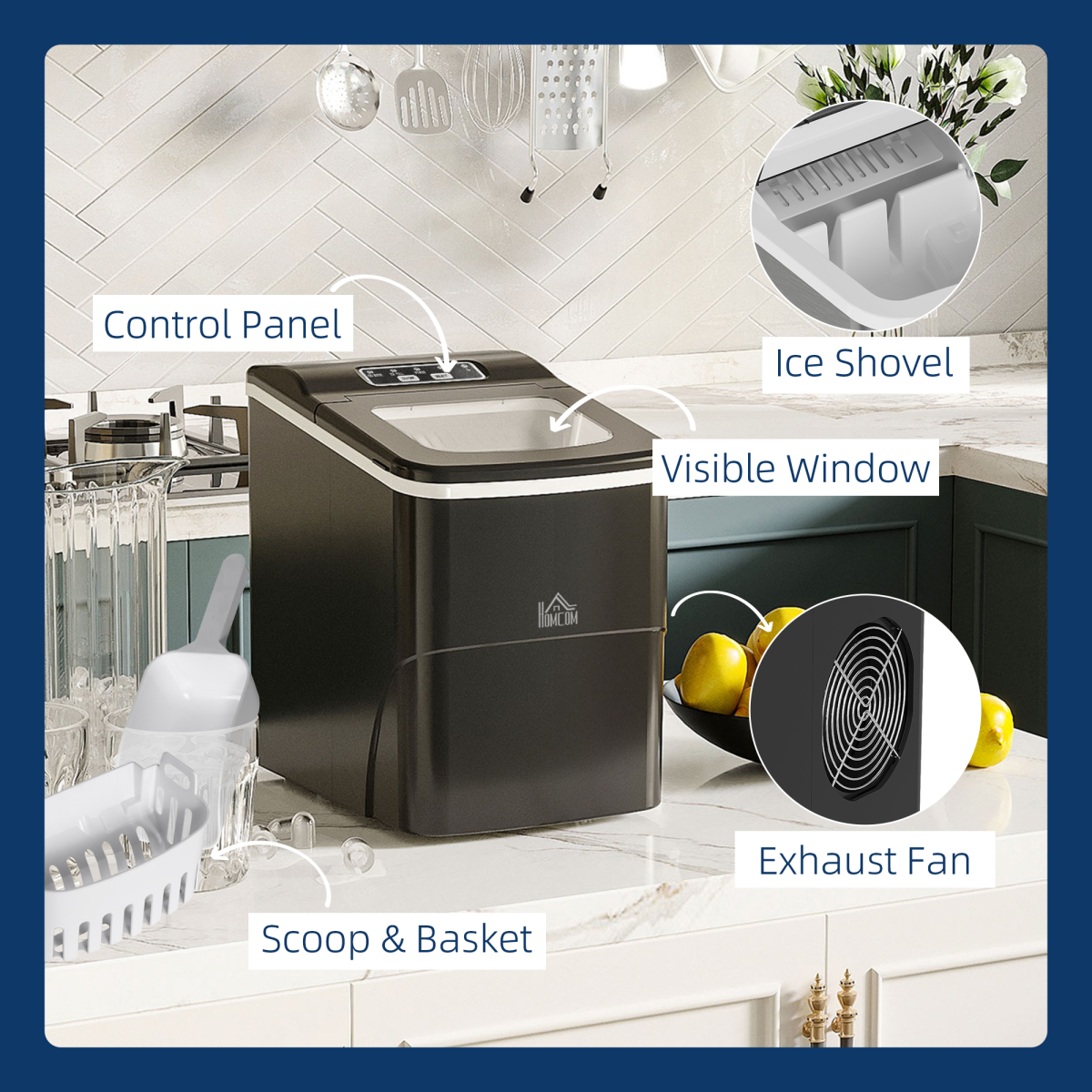Ice Maker 12kg/24H Production with Scoop Basket for Home Office Black