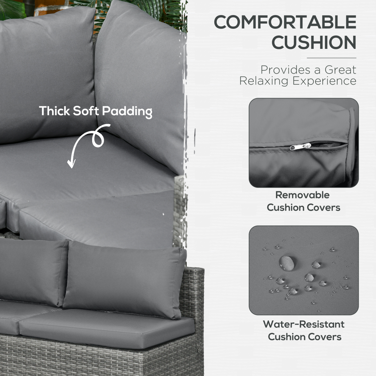 Outsunny 3Pcs Rattan Corner Sofa Set Coffee Table Garden Furniture w/ Cushion