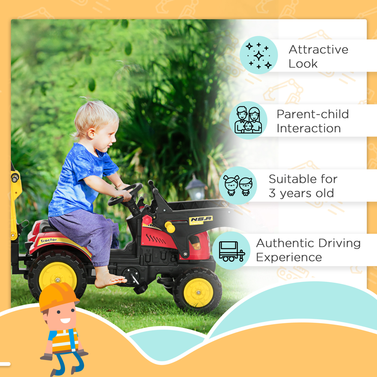 Pedal Powered Tractor Ride-On Car Moving Bucket Steering Wheel 3-6 Yrs