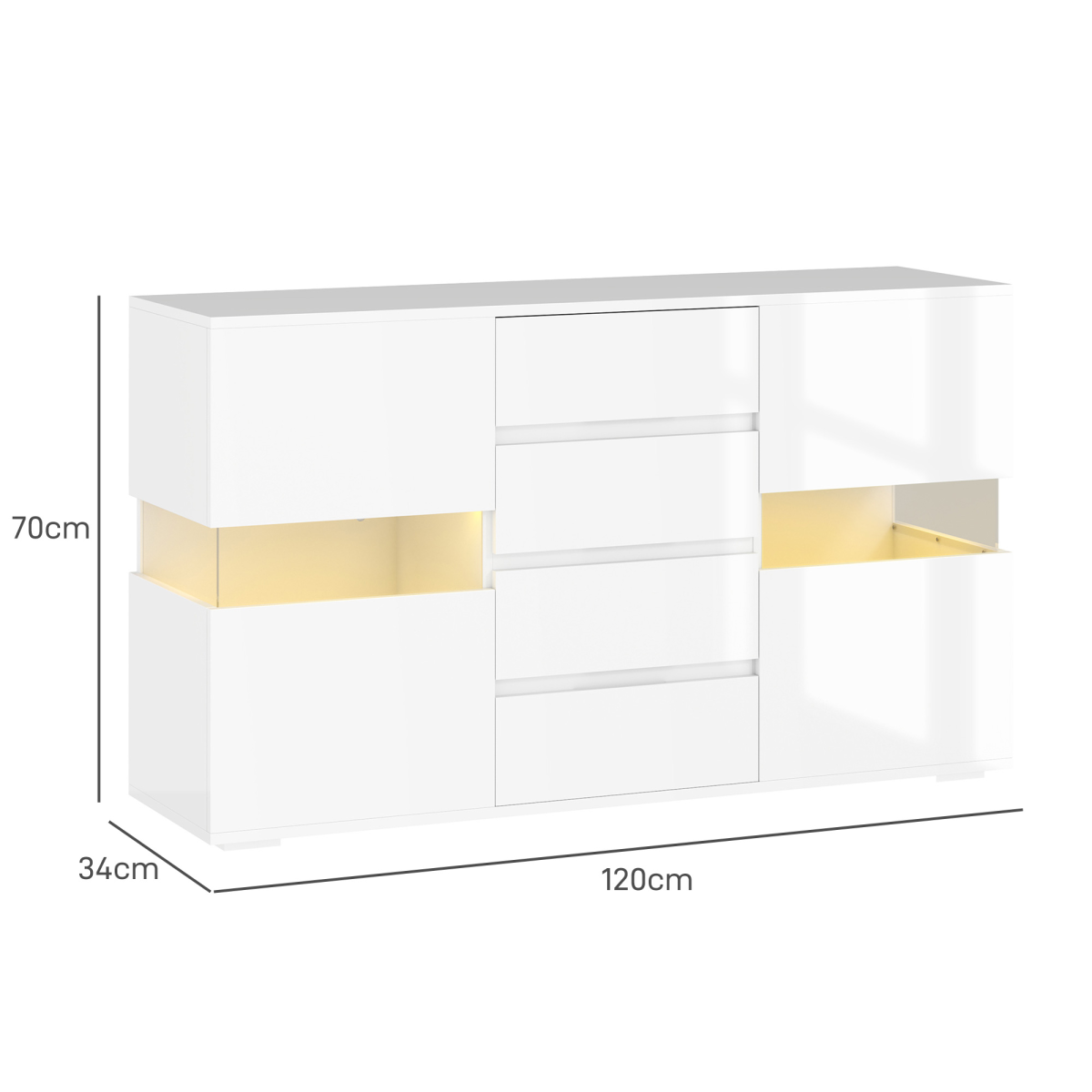 HOMCOM LED Sideboard, High Gloss Storage Cabinet with 4 Drawers, White