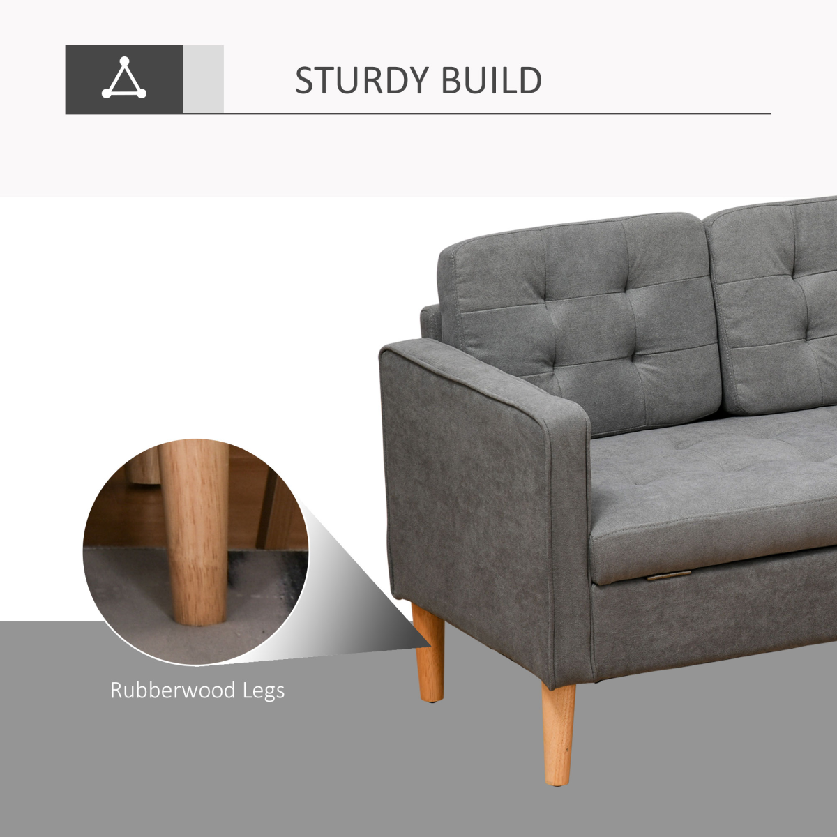 3-Seater Sofa Button-Tufted Fabric Couch with Hidden Storage, Rubberwood Legs