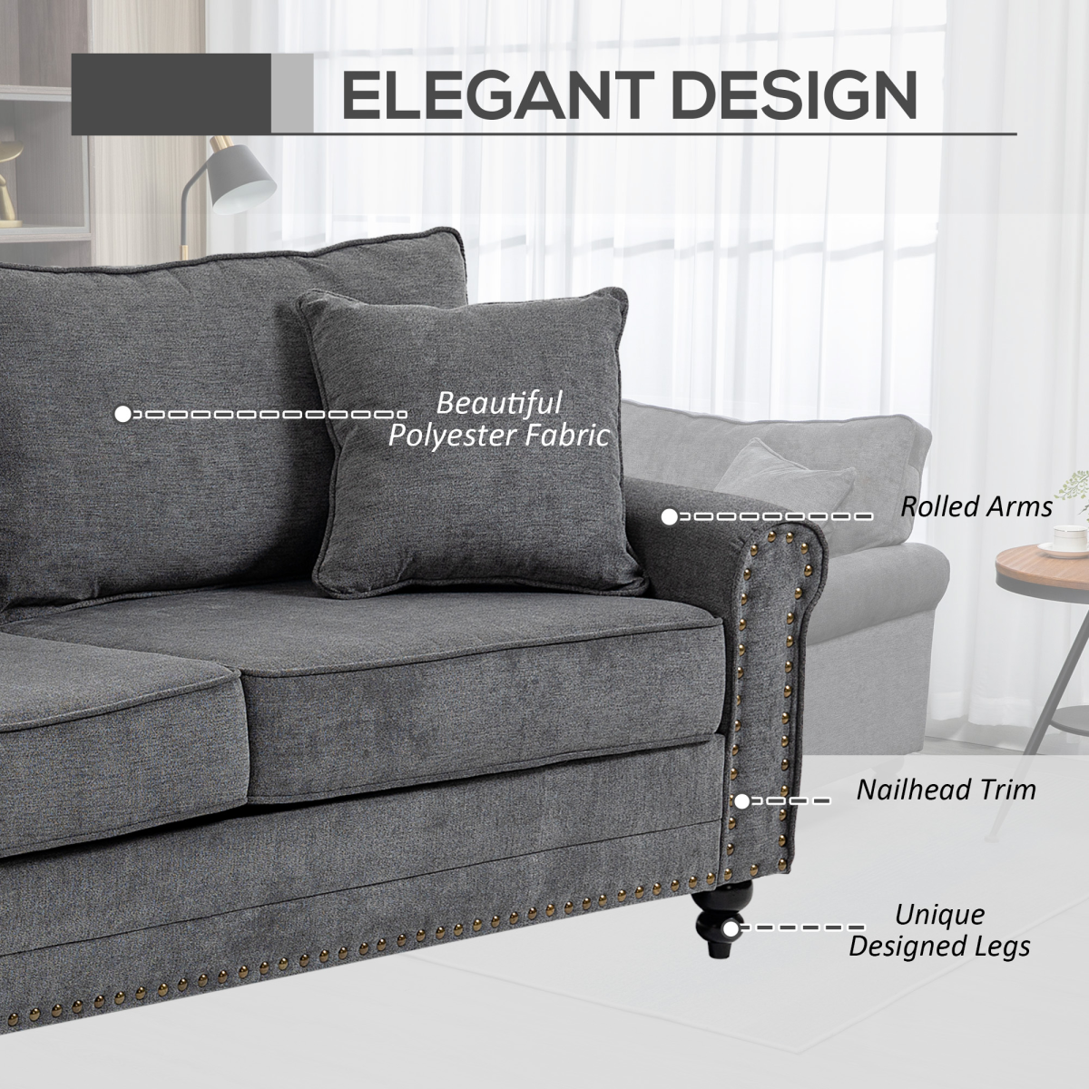 2 Seater Sofas Fabric Sofa with Nailhead Trim Cushions and Throw Pillows Grey