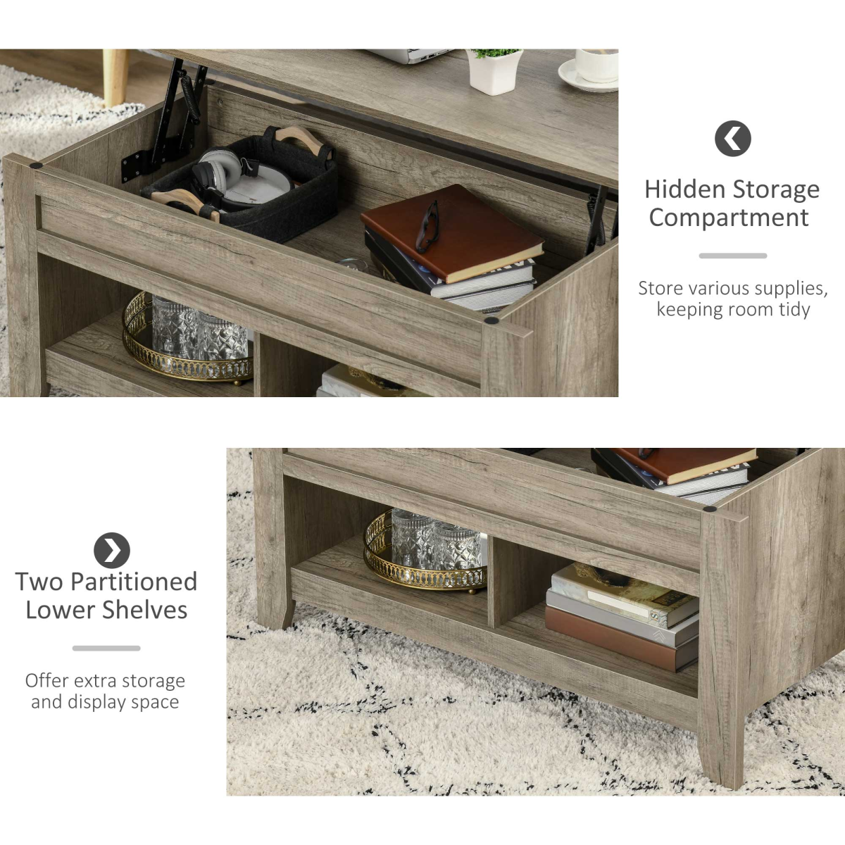 HOMCOM Lift Top Coffee Table w/  Hidden Storage Compartment & Shelves Oak