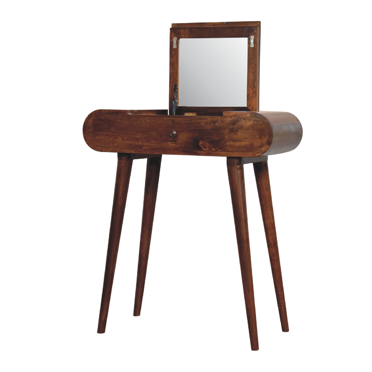 Artisan Furniture Solid Wood Mini Round Chestnut Fold Vanity, 4 Storage Compartments with Mirror, Dark Brown