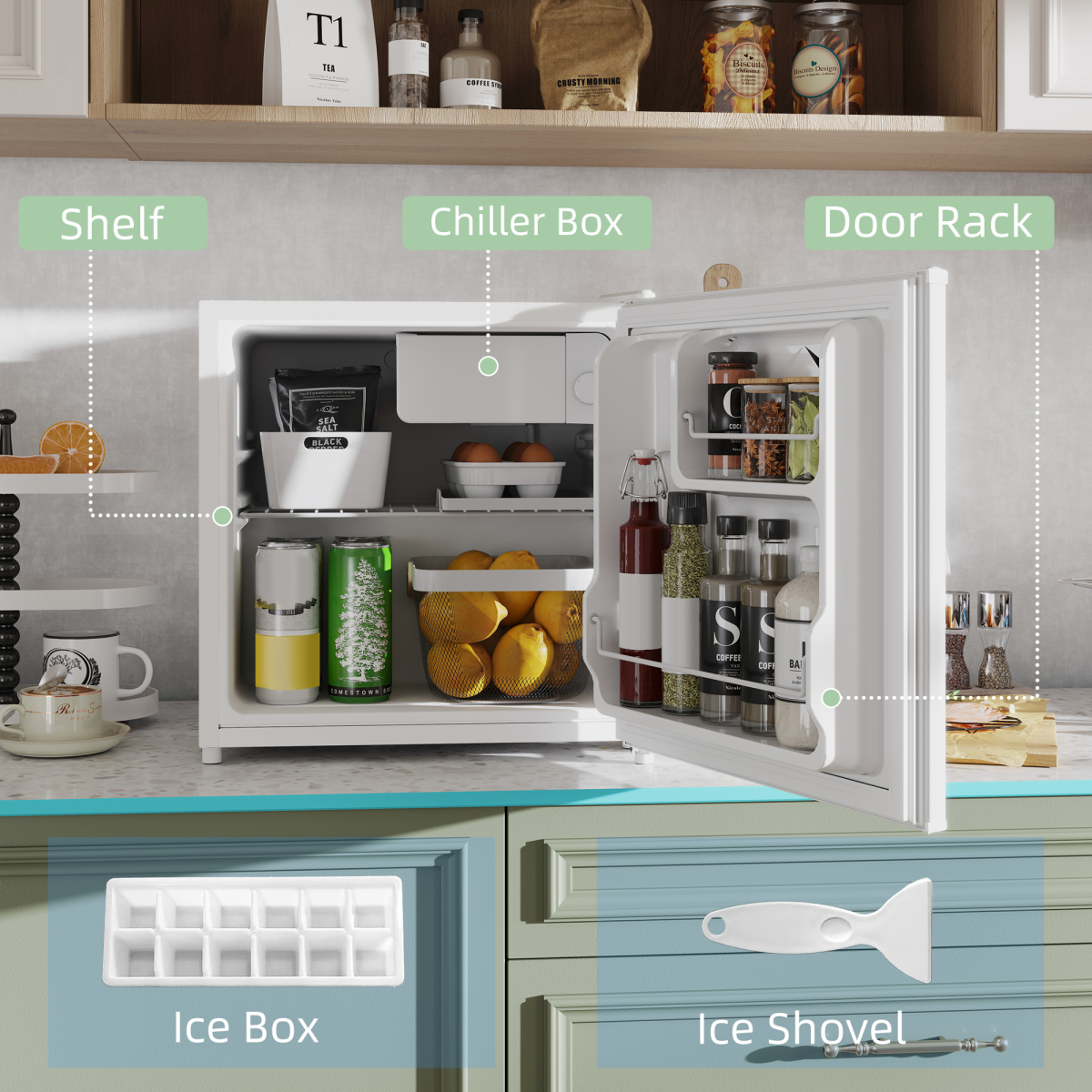 HOMCOM 46L Counter Top Fridge with Chiller Box Mini Fridge for Bedrooms Cream