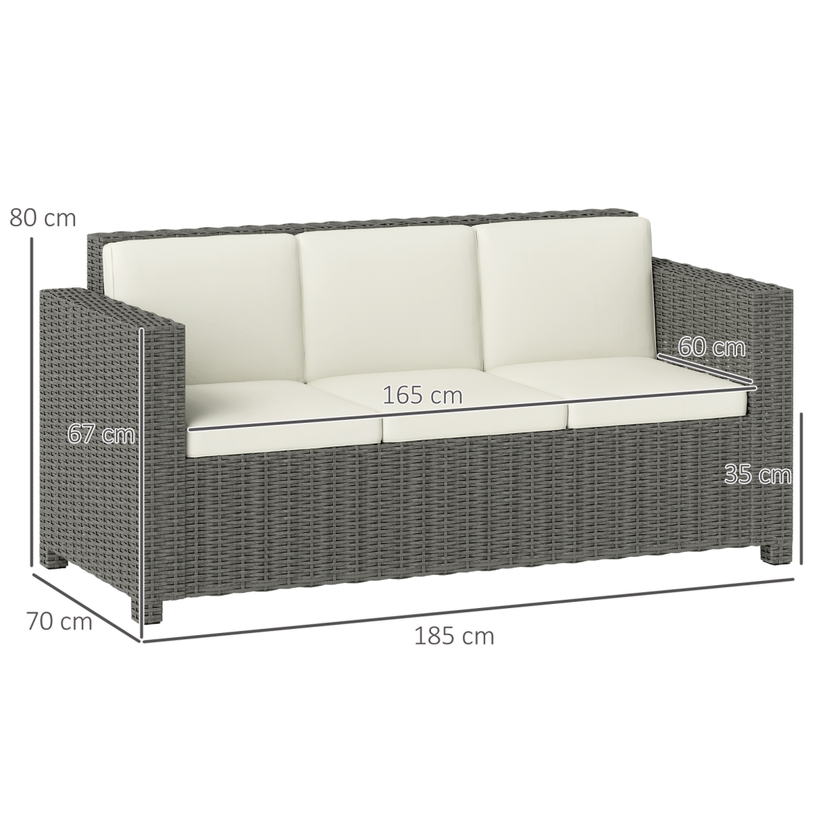 Outsunny Rattan Wicker 3-seater Sofa Chair Patio Furniture w/ Cushion Cream