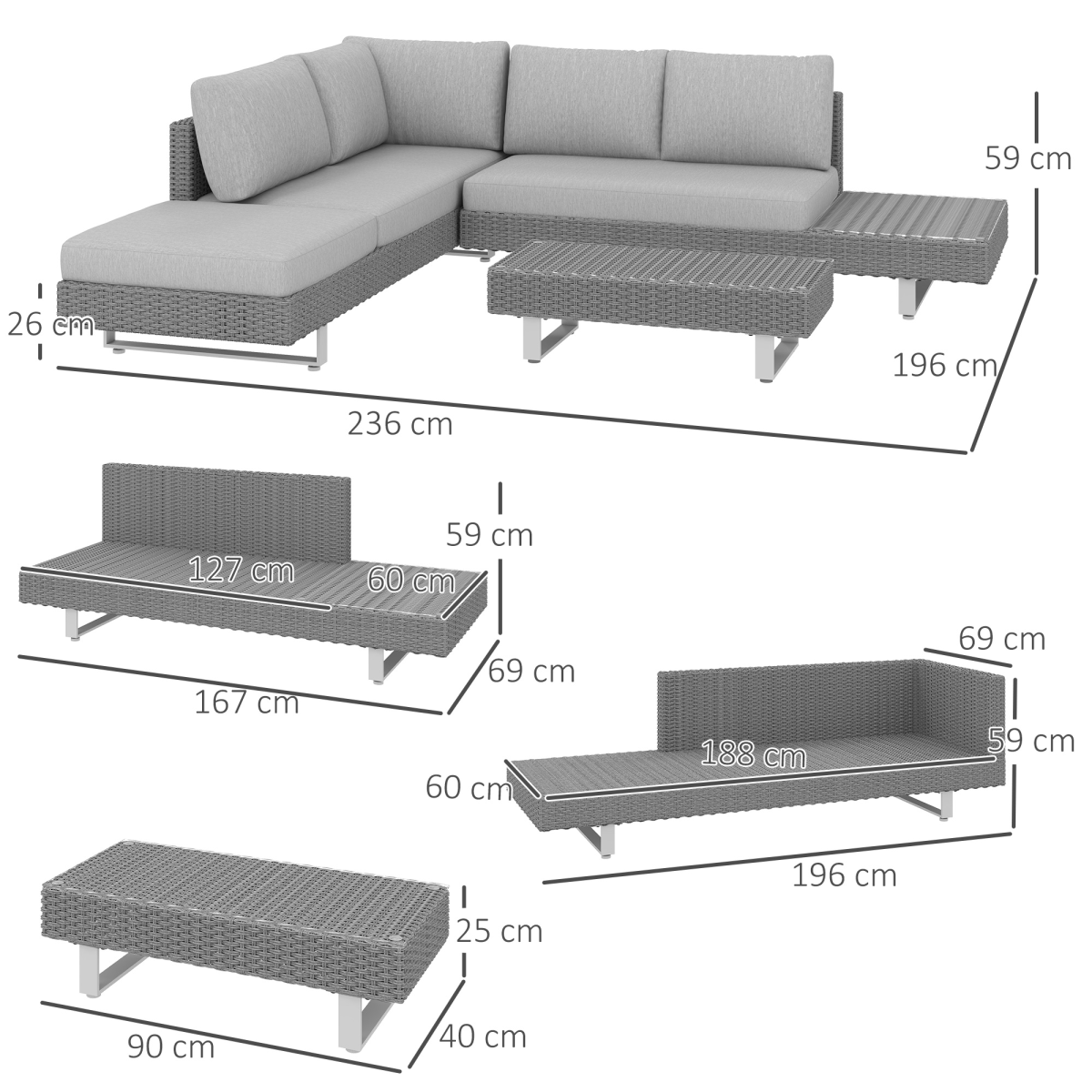 Outsunny 3pc Rattan Wicker Sofa Set with Tea Table & Cushions, Light Grey